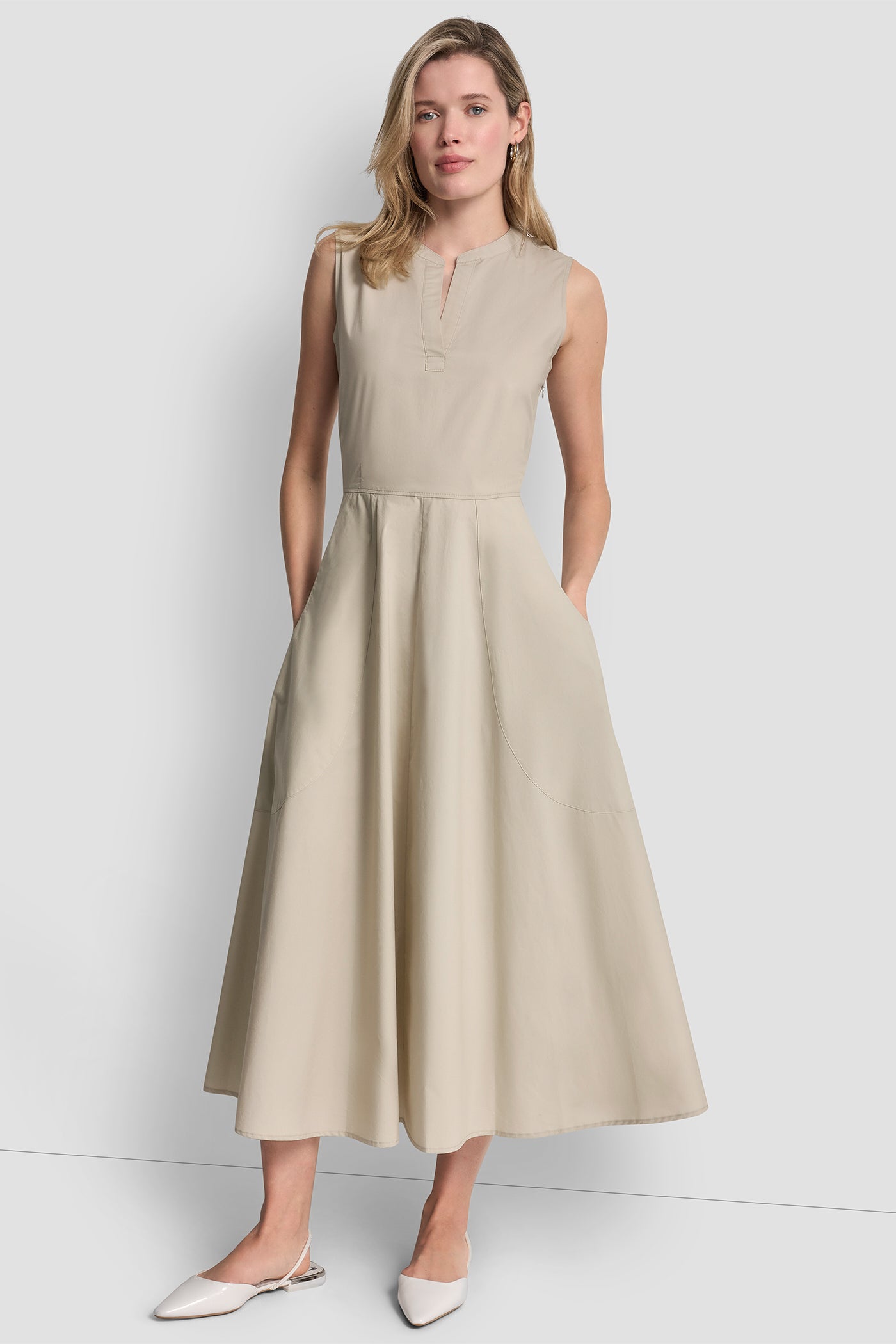 Poplin V Neck Midi Dress | A-Line Dress