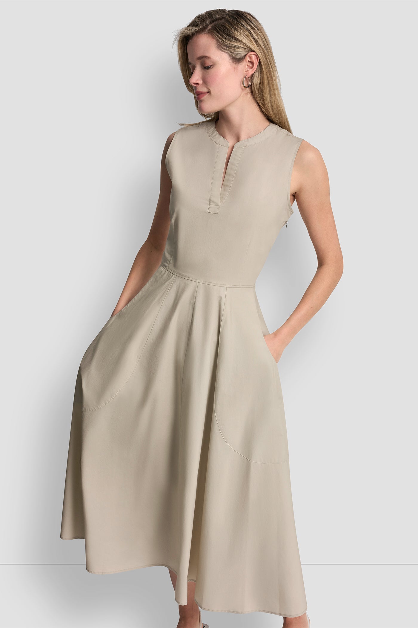 Poplin V Neck Midi Dress | A-Line Dress