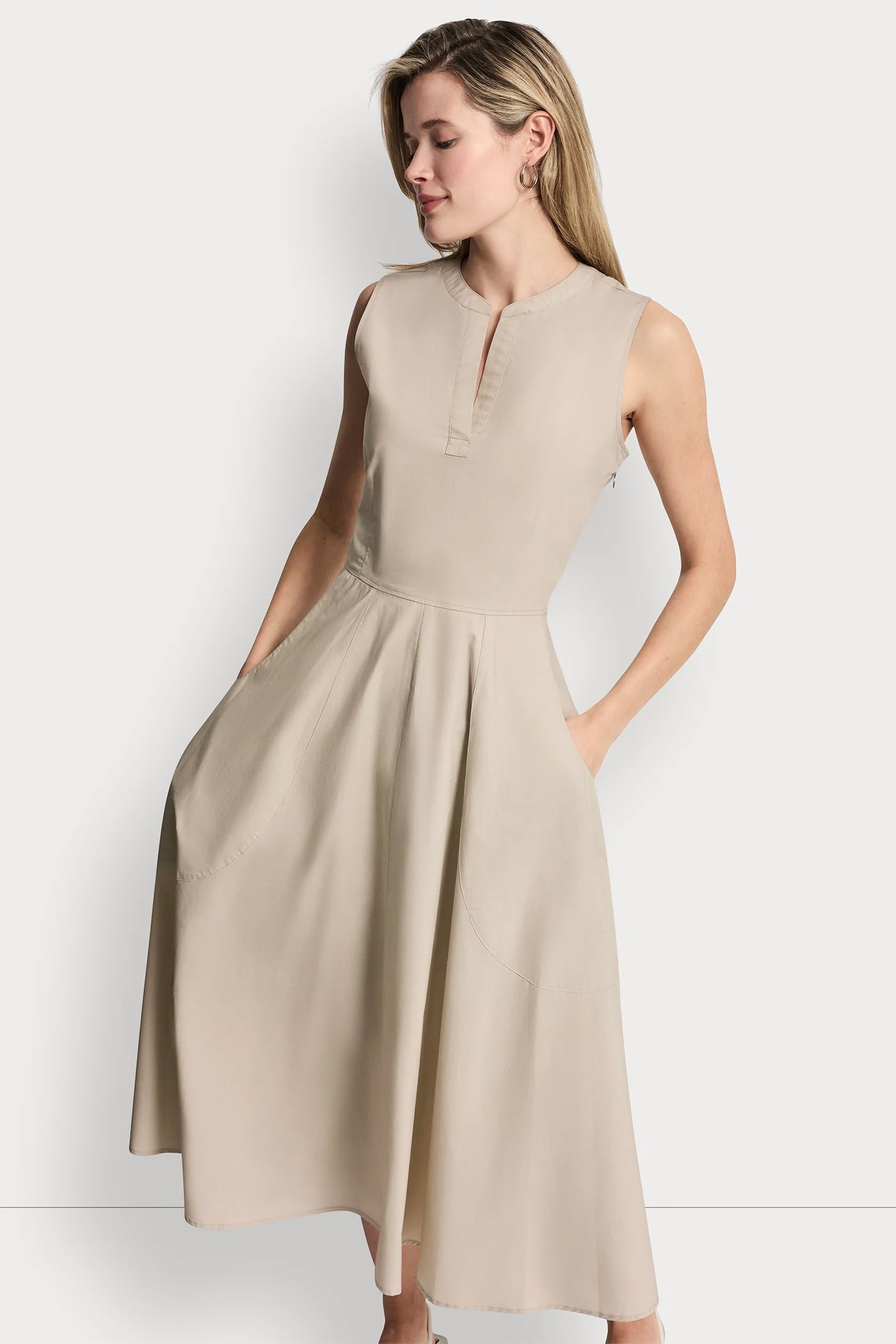Poplin V Neck Midi Dress | A-Line Dress | DKNY Poplin V Neck Midi Dress | A-Line Dress | DKNY