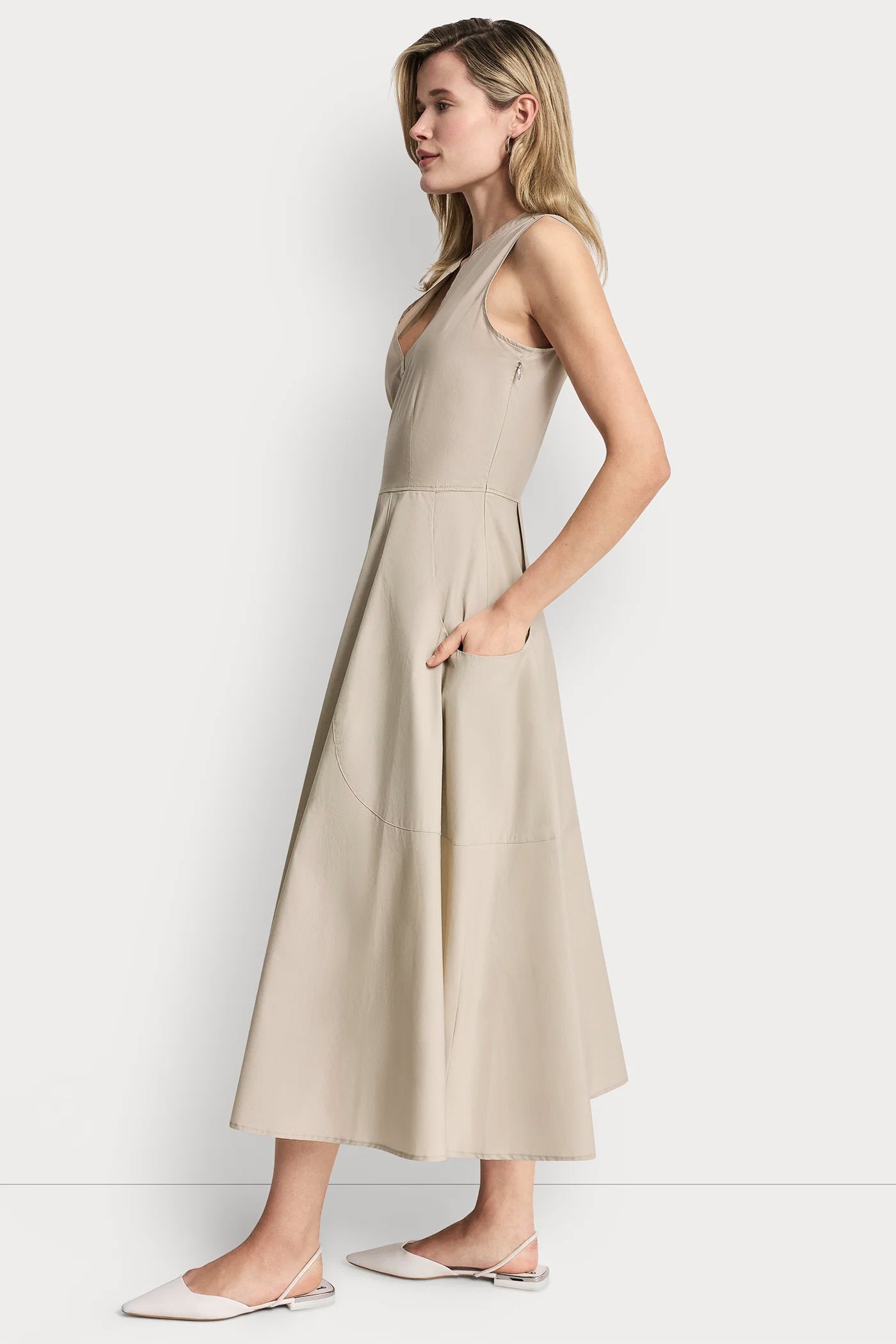 POPLIN V-NECK MIDI DRESS VIEW 4 | DKNY JEANS