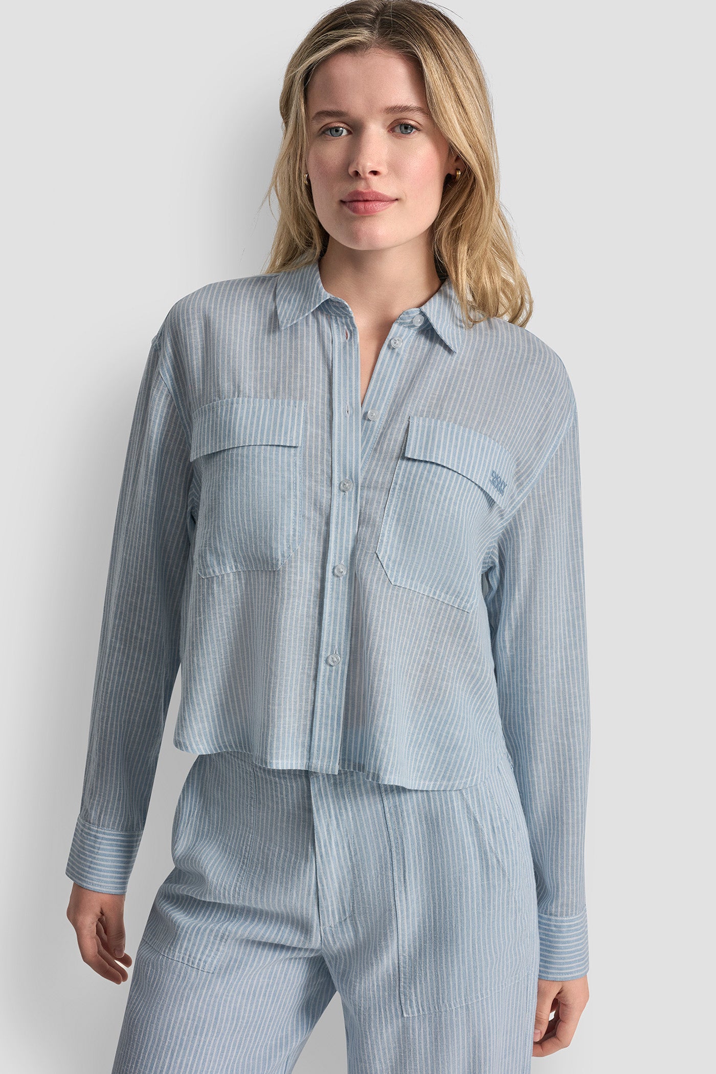 Lex Chambray LINEN-BLEND BUTTON-FRONT SHIRT, FRONT VIEW | The Vacation Edit