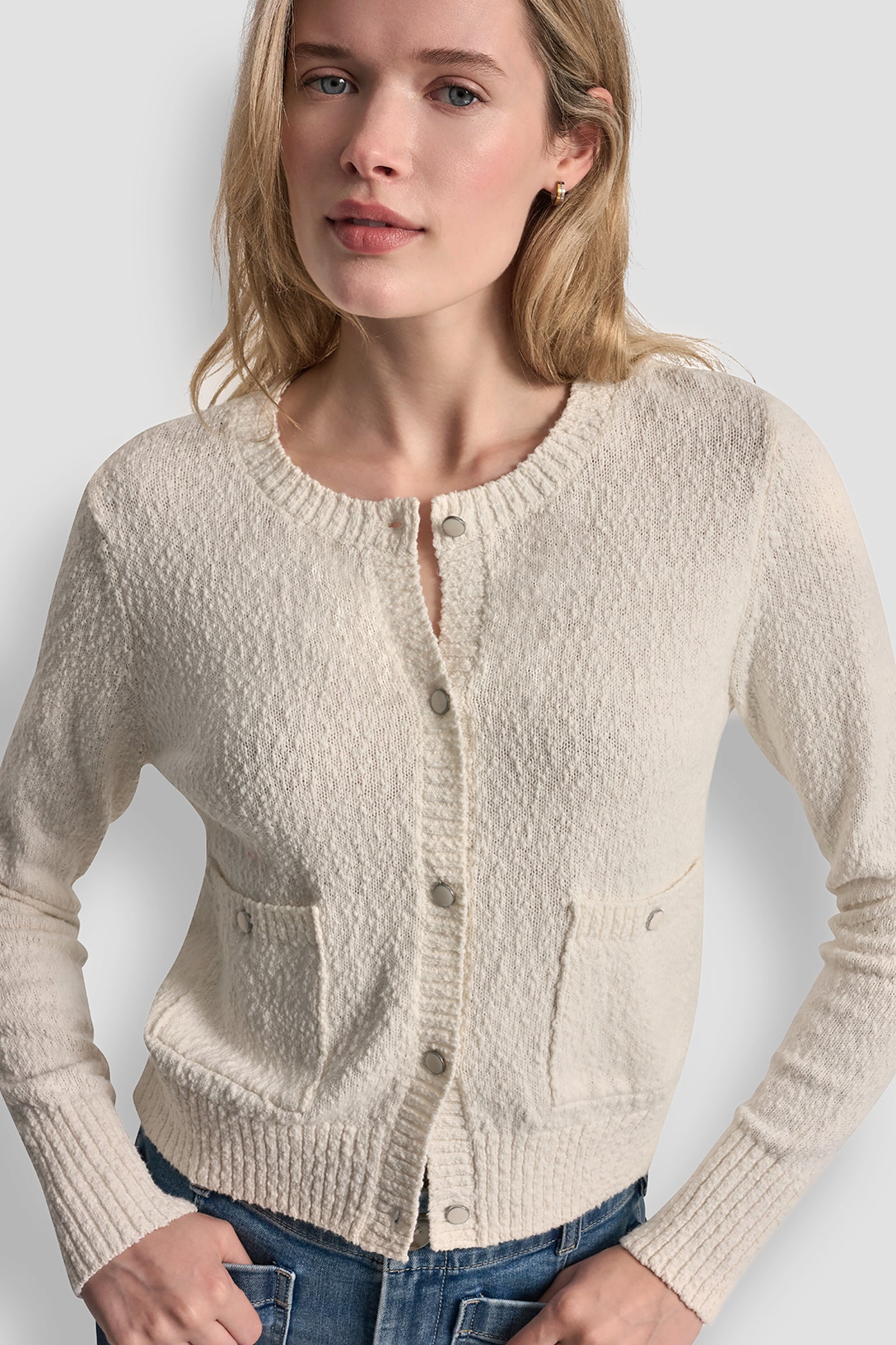 Ivory CREW NECK CARDIGAN WITH PATCH POCKETS, BACK VIEW | NEW NEUTRALS