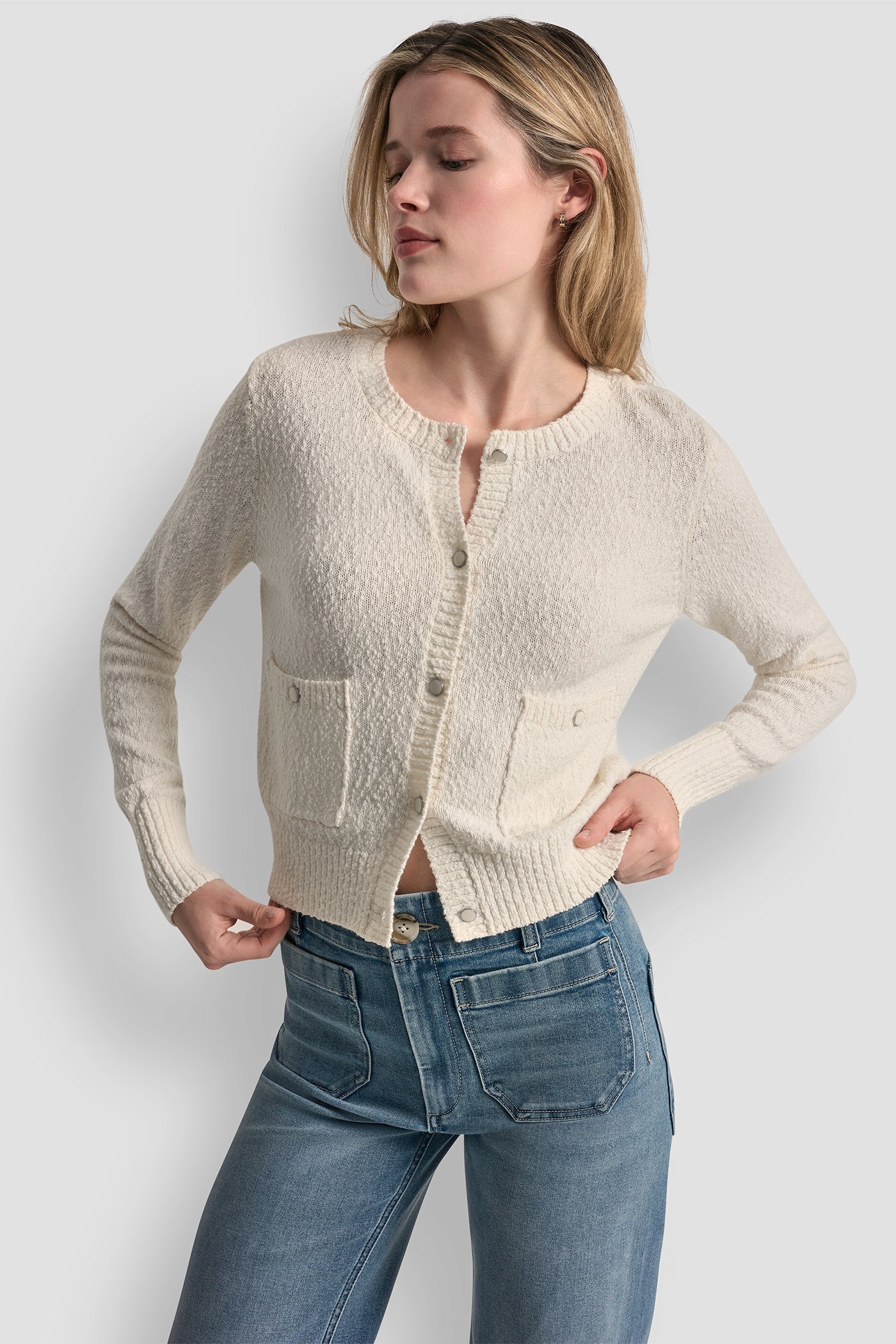 Ivory CREW NECK CARDIGAN WITH PATCH POCKETS, FRONT VIEW | NEW NEUTRALS