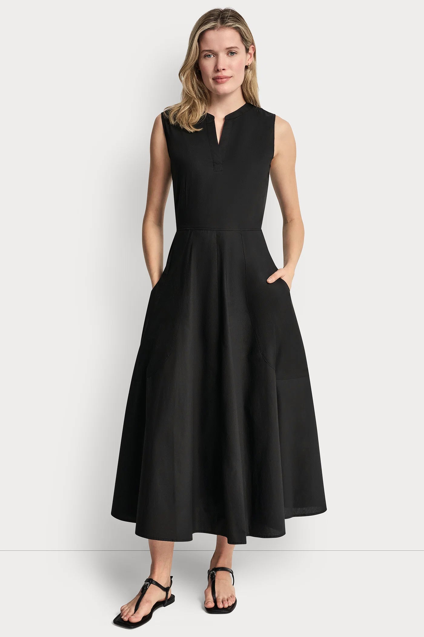 Poplin V Neck Midi Dress | A-Line Dress | DKNY Poplin V Neck Midi Dress | A-Line Dress | DKNY