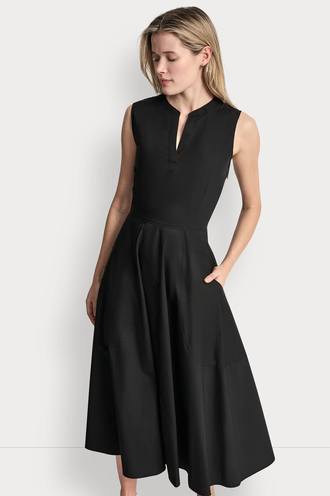 Black POPLIN V-NECK MIDI DRESS, VIEW 2 | Dresses & Jumpsuits