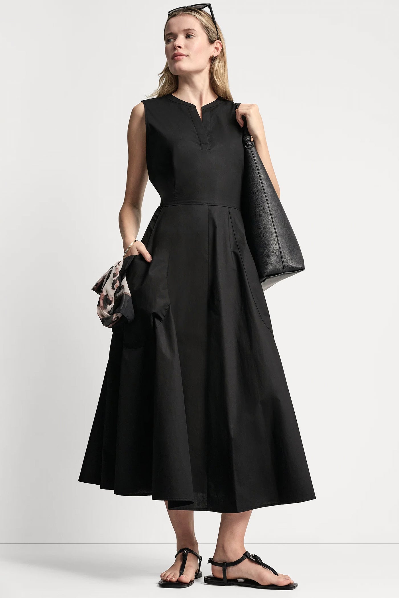 Black POPLIN V-NECK MIDI DRESS, VIEW 1 | Dresses & Jumpsuits