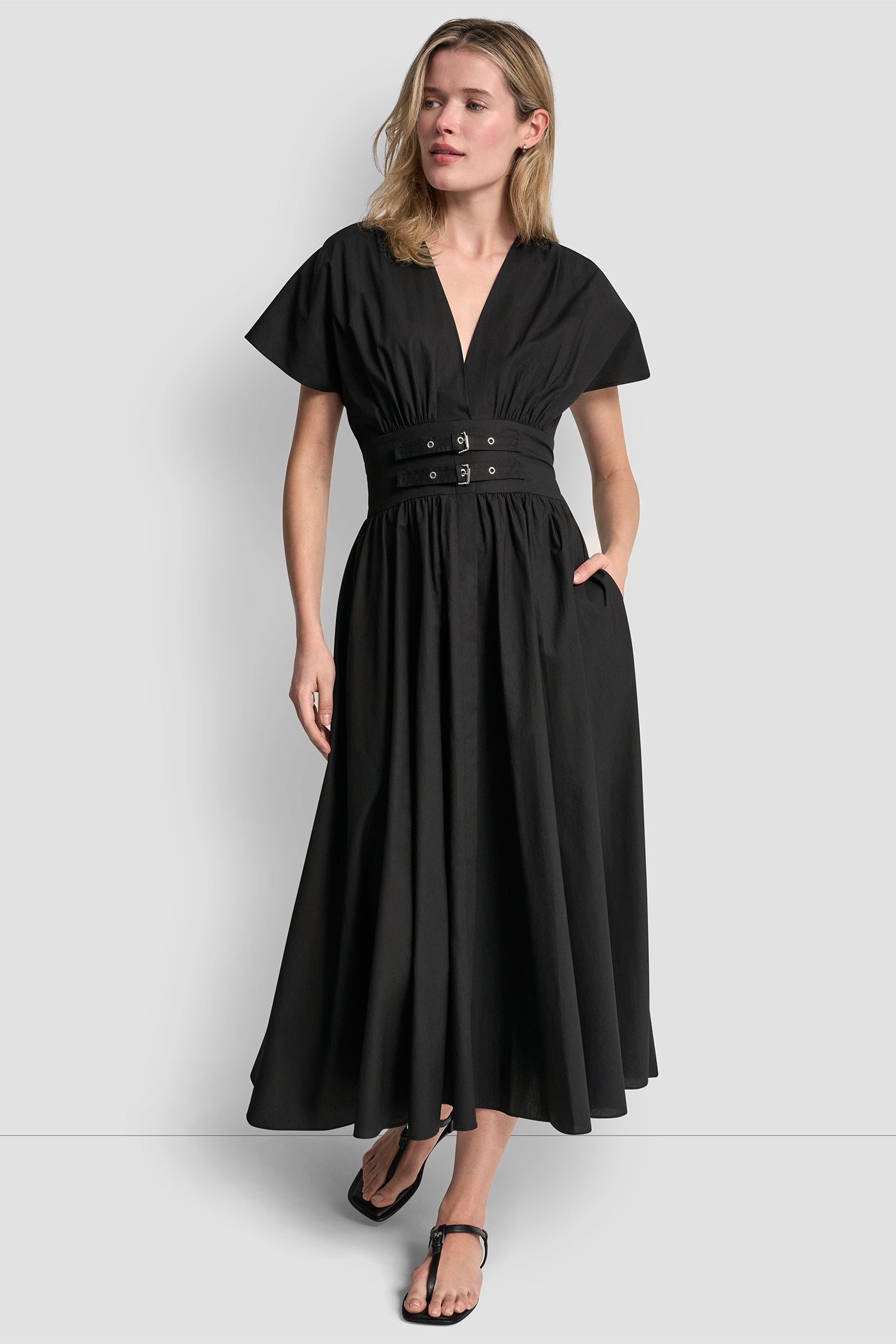 Black SMOCKED MIDI DRESS WITH BUCKLE, VIEW 1 | New Arrivals