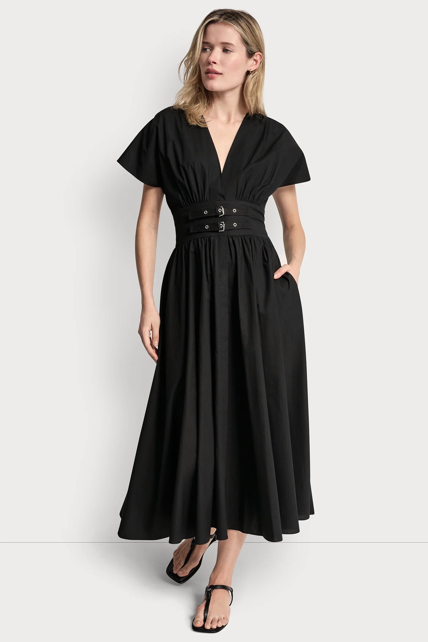 Black SMOCKED MIDI DRESS WITH BUCKLE, VIEW 2 | SALE
