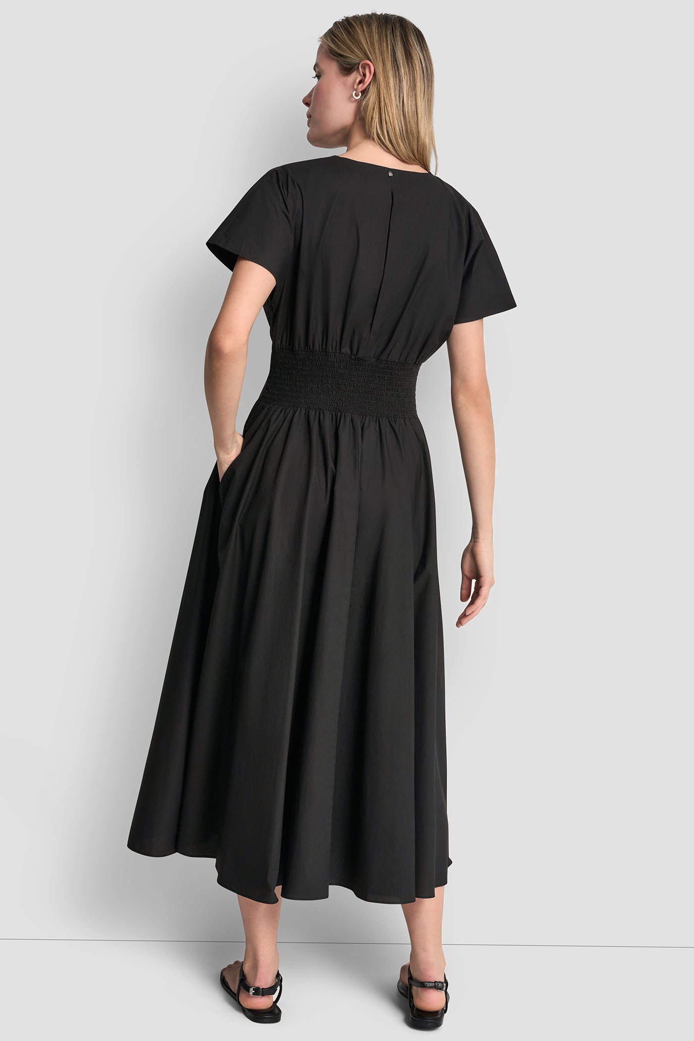 Black SMOCKED MIDI DRESS WITH BUCKLE, VIEW 2 | New Arrivals
