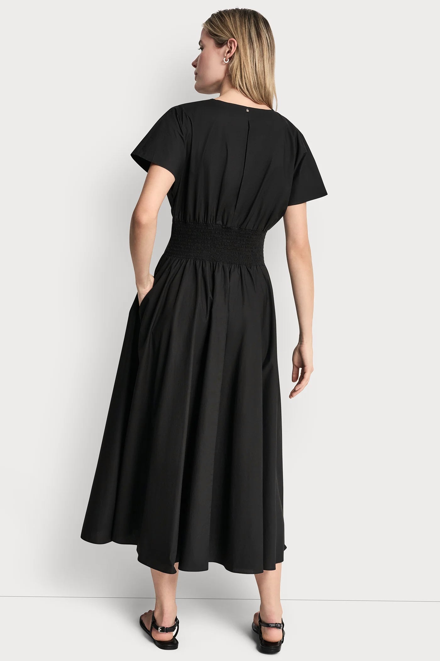 Smocked Midi Dress With Buckle | Fit and Flare | DKNY Smocked Midi Dress With Buckle | Fit and Flare | DKNY