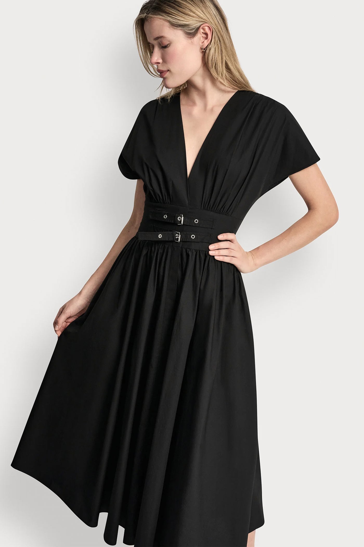 Black SMOCKED MIDI DRESS WITH BUCKLE, VIEW 1 | SALE