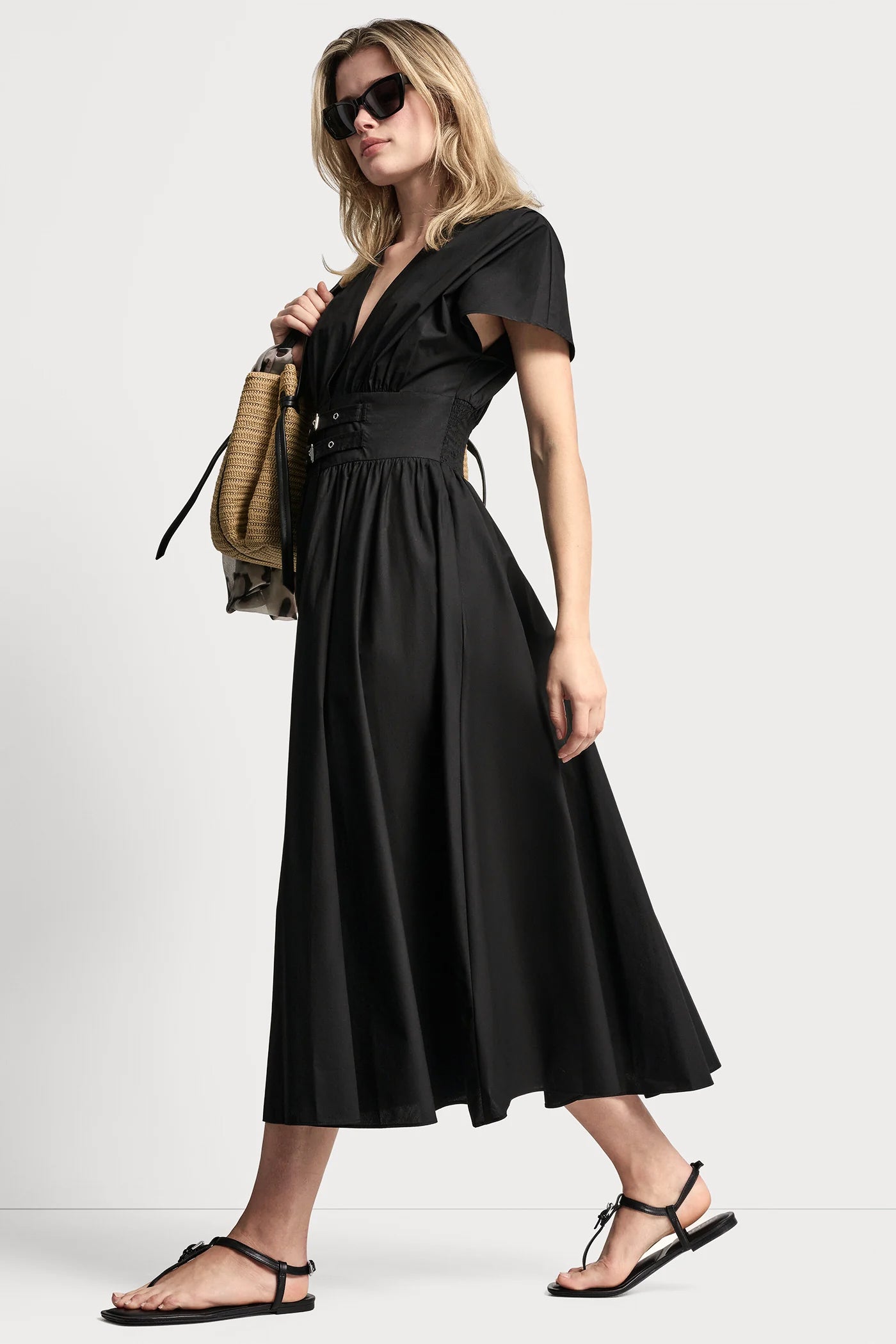 Smocked Midi Dress With Buckle | Fit and Flare | DKNY Smocked Midi Dress With Buckle | Fit and Flare | DKNY