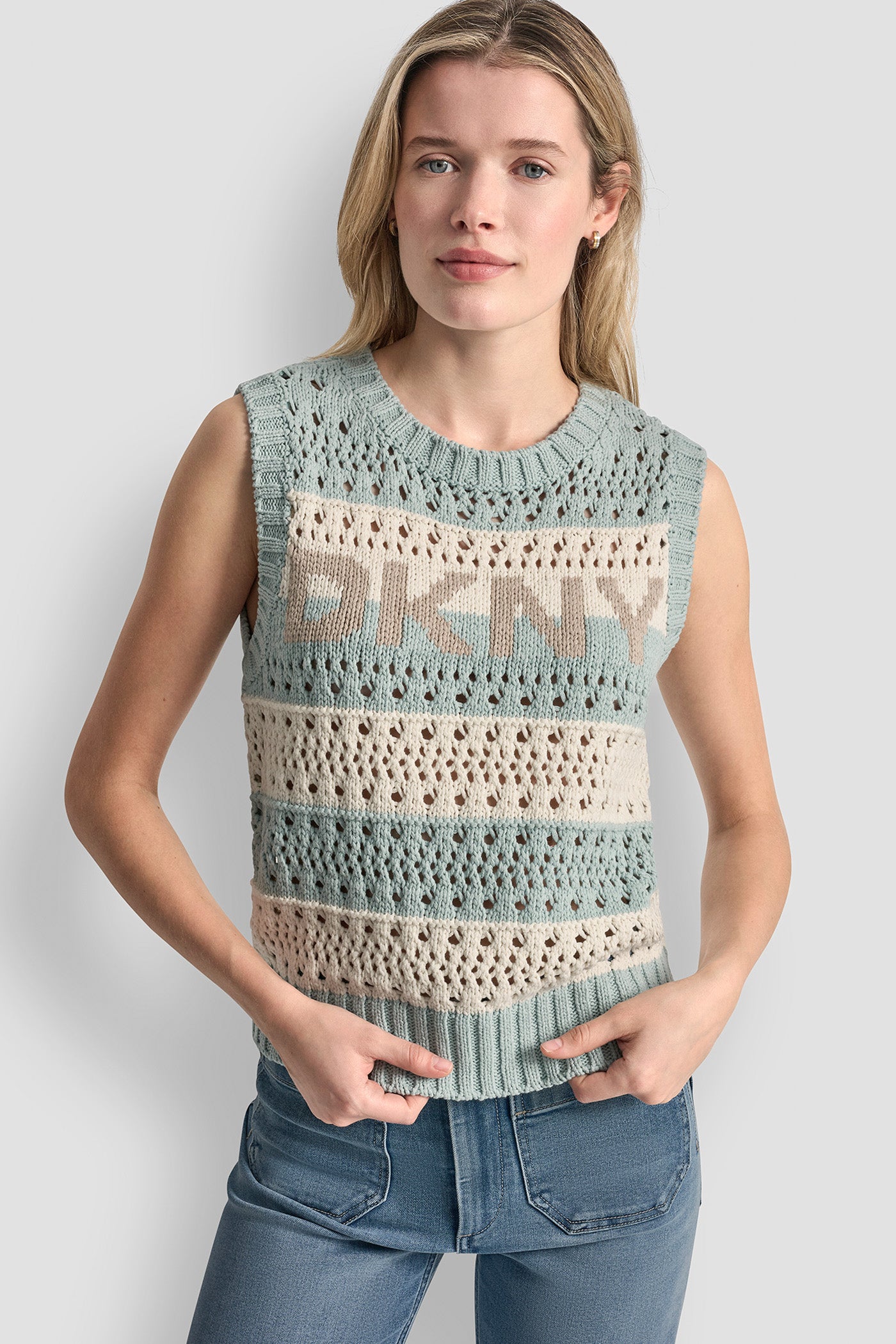 Mineral/Ivory/Pebble STRIPED POINTELLE STITCH SWEATER, FRONT VIEW | SPRING 2026