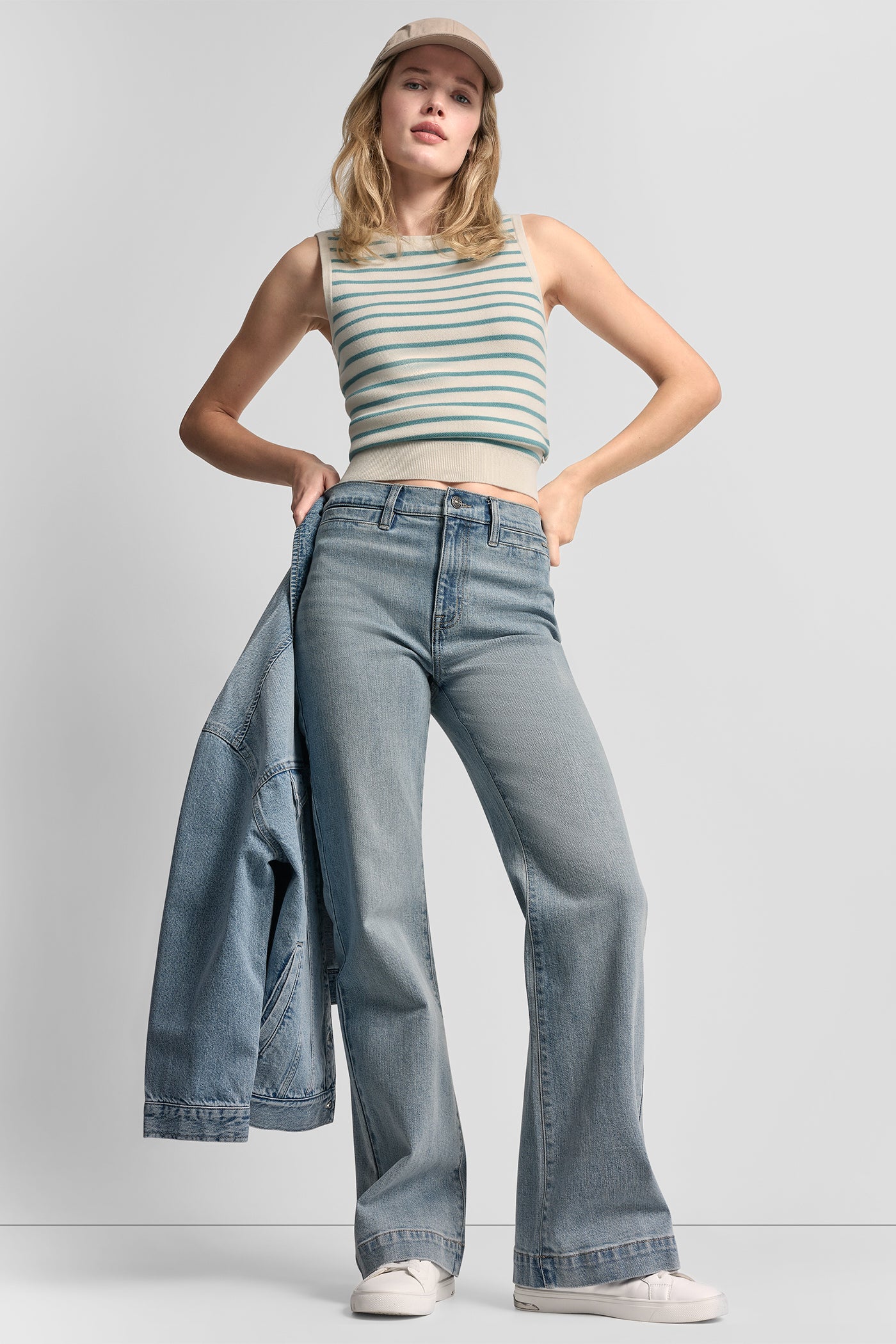 Eggnog/Coastline SLEEVELESS STRIPED SWEATER, VIEW 1 | SPRING 2026