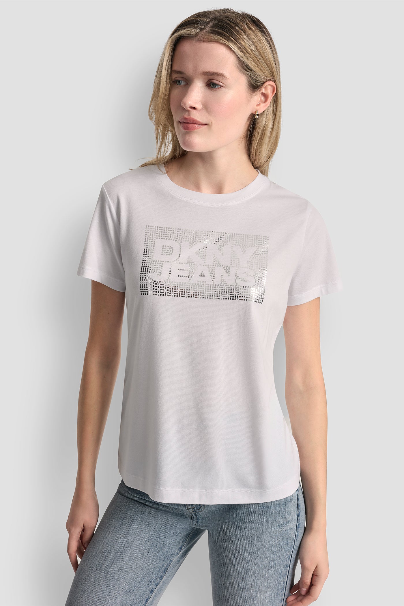 White/Silver DKNY JEANS STACK LOGO RHINESTONE TEE, FRONT VIEW | Tees & Tanks