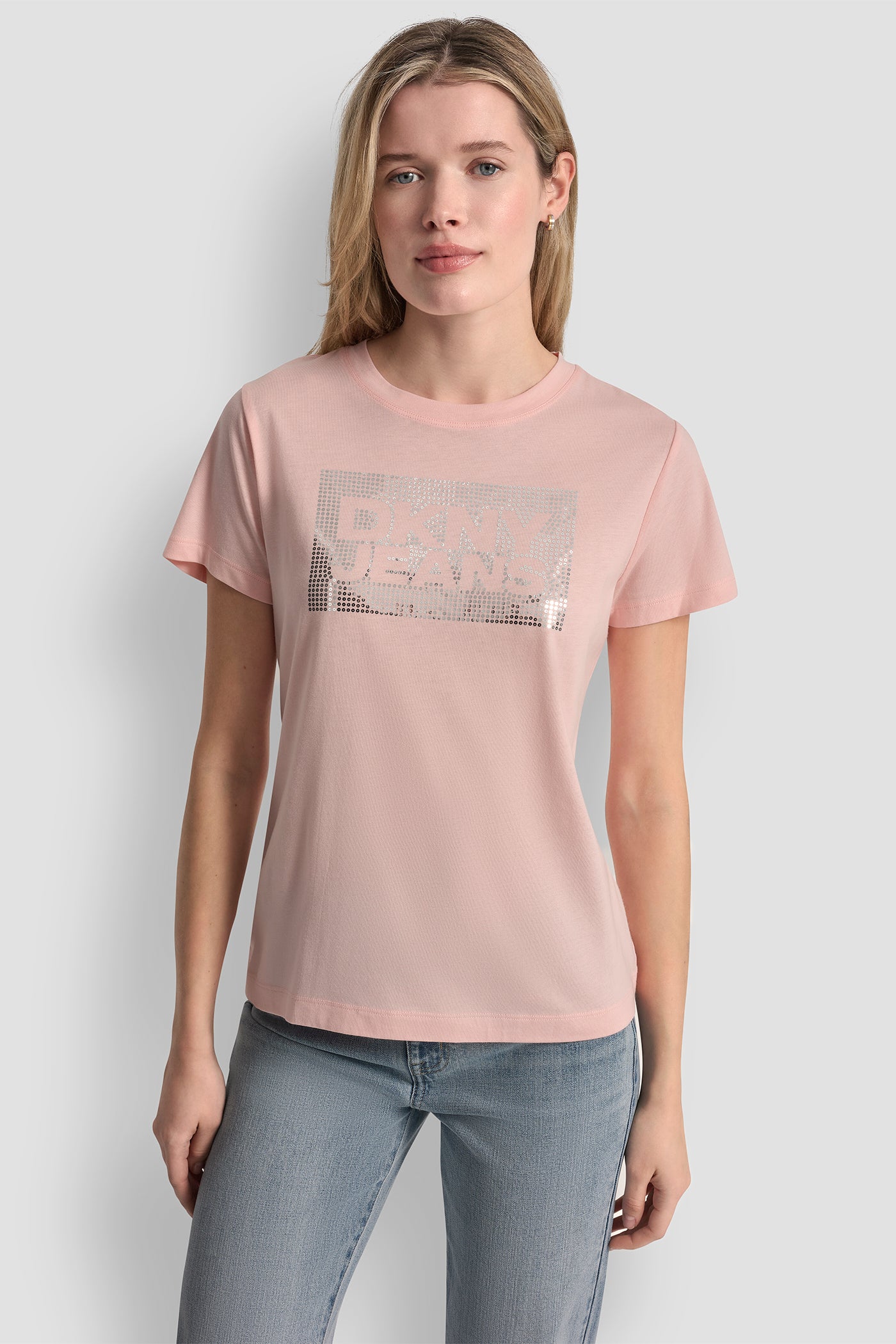 Peach Spritz/Silver DKNY JEANS STACK LOGO RHINESTONE TEE, VIEW 2 | Tees & Tanks