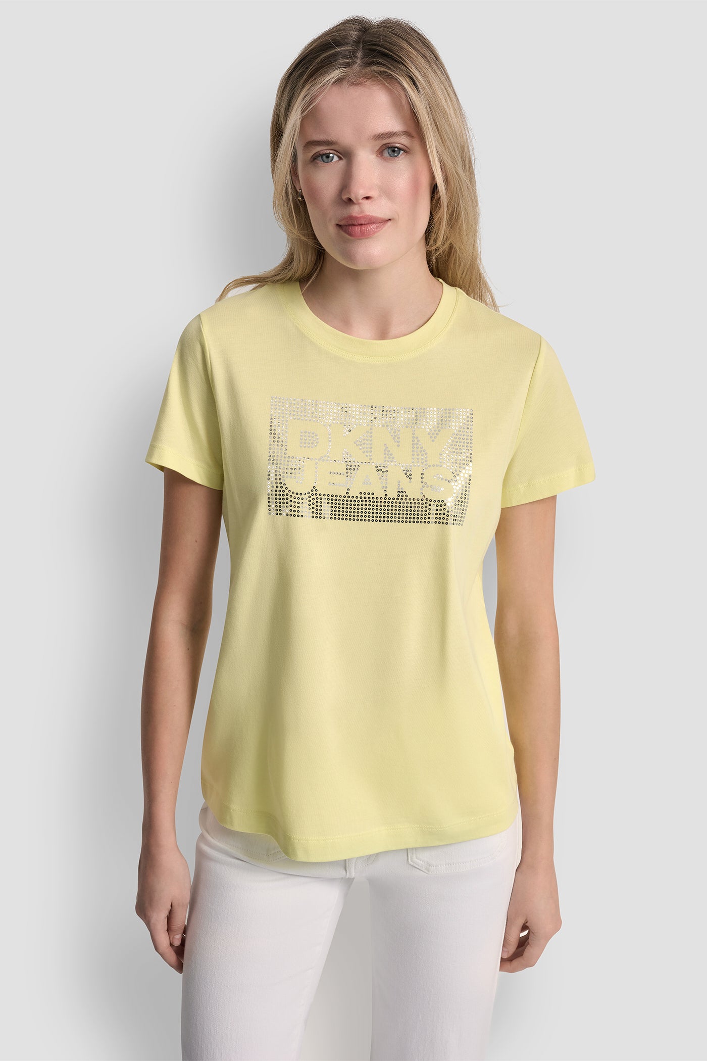Lemon Light/Silver DKNY JEANS STACK LOGO RHINESTONE TEE, VIEW 2 | DKNY JEANS