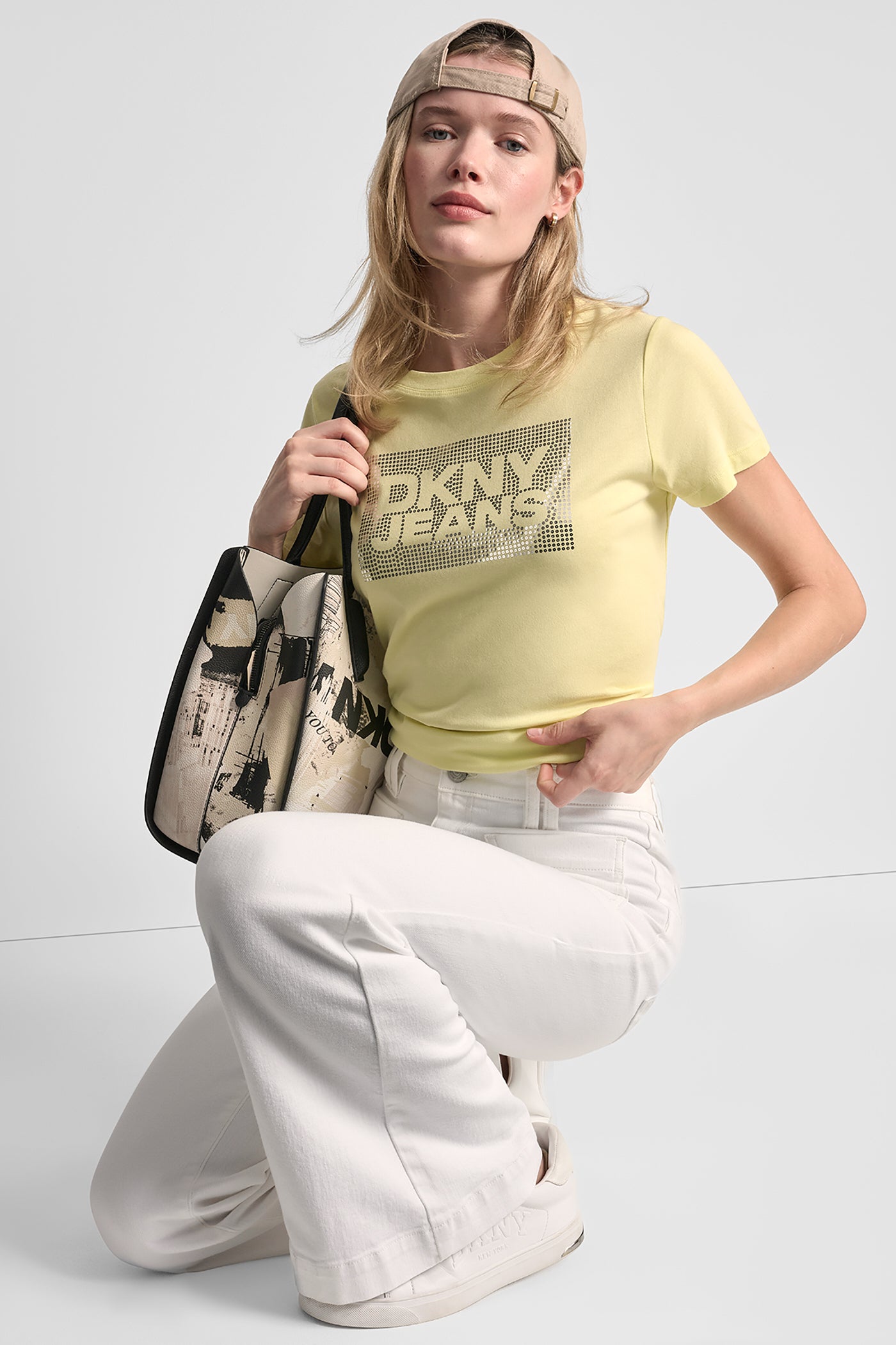 Lemon Light/Silver DKNY JEANS STACK LOGO RHINESTONE TEE, VIEW 1 | DKNY JEANS