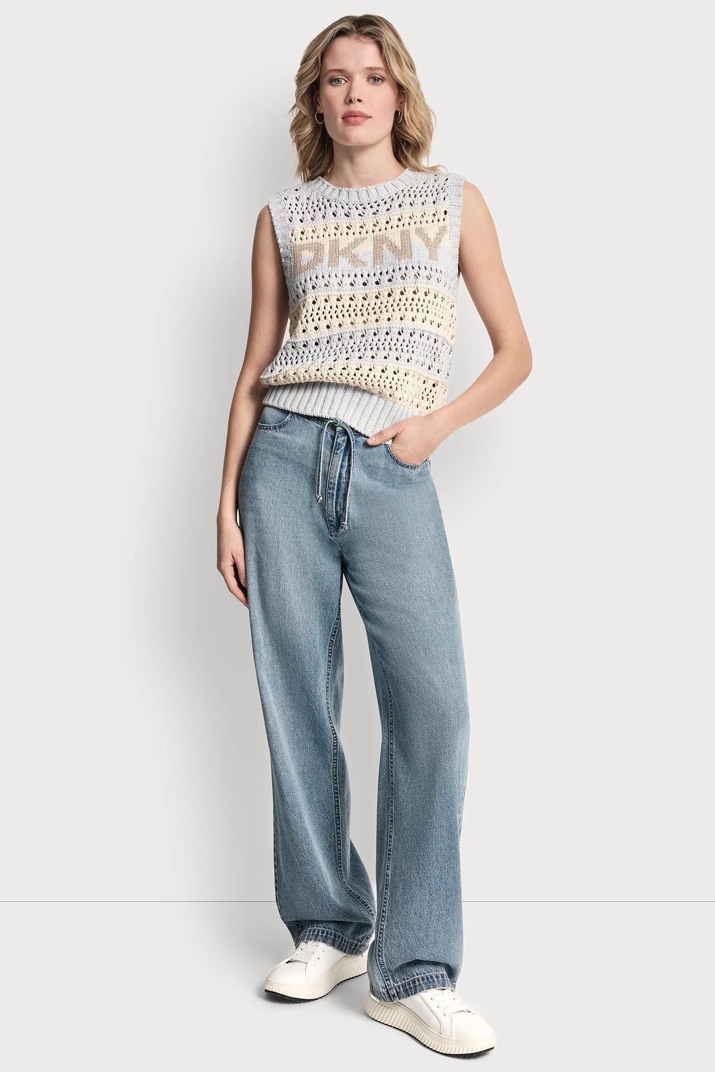 Frost Blue/Eggnog/Pebble STRIPED POINTELLE STITCH SWEATER, VIEW 2 | WOMEN'S SWEATERS & TOPS