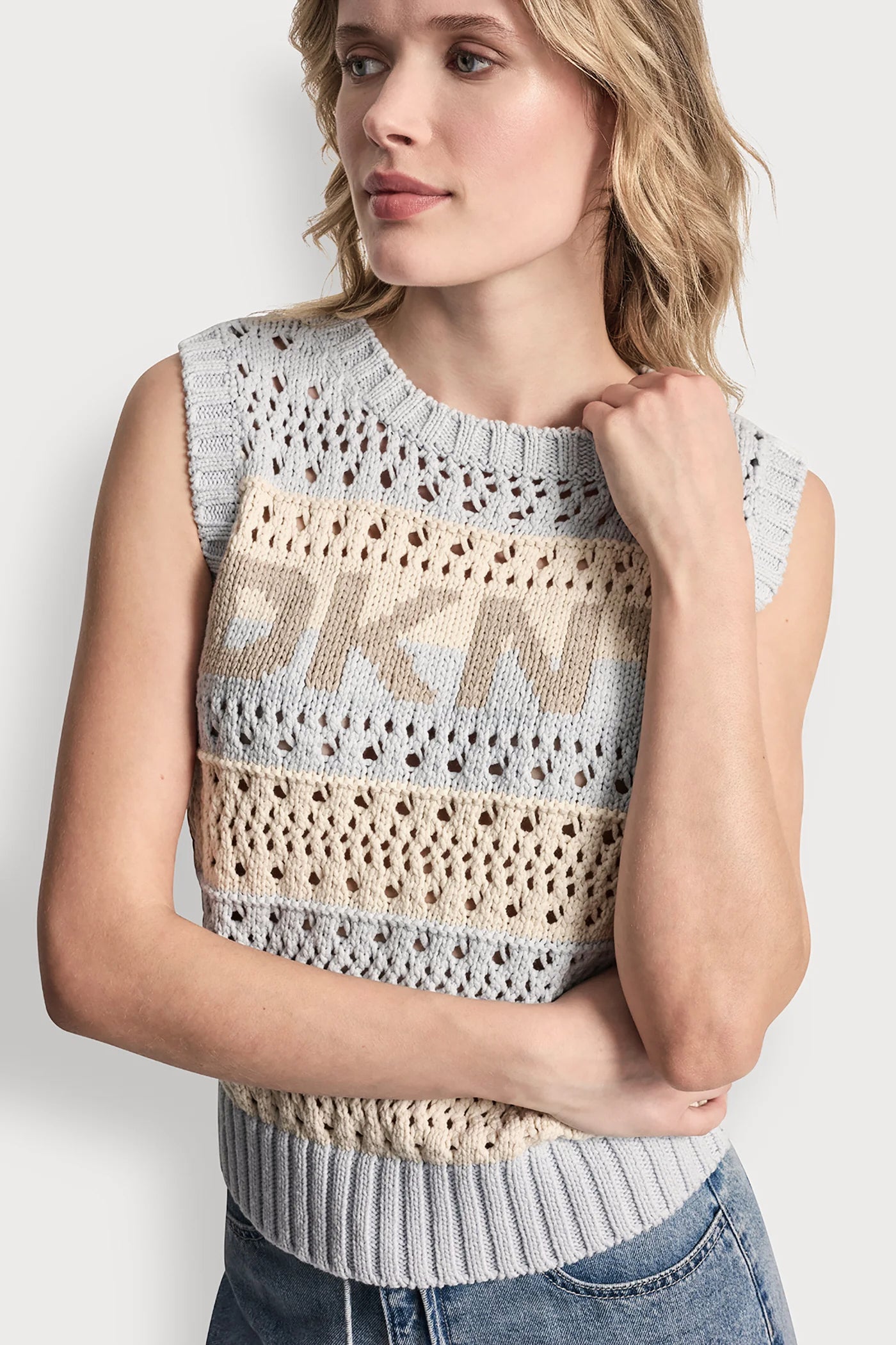 Frost Blue/Eggnog/Pebble STRIPED POINTELLE STITCH SWEATER, VIEW 1 | WOMEN'S SWEATERS & TOPS