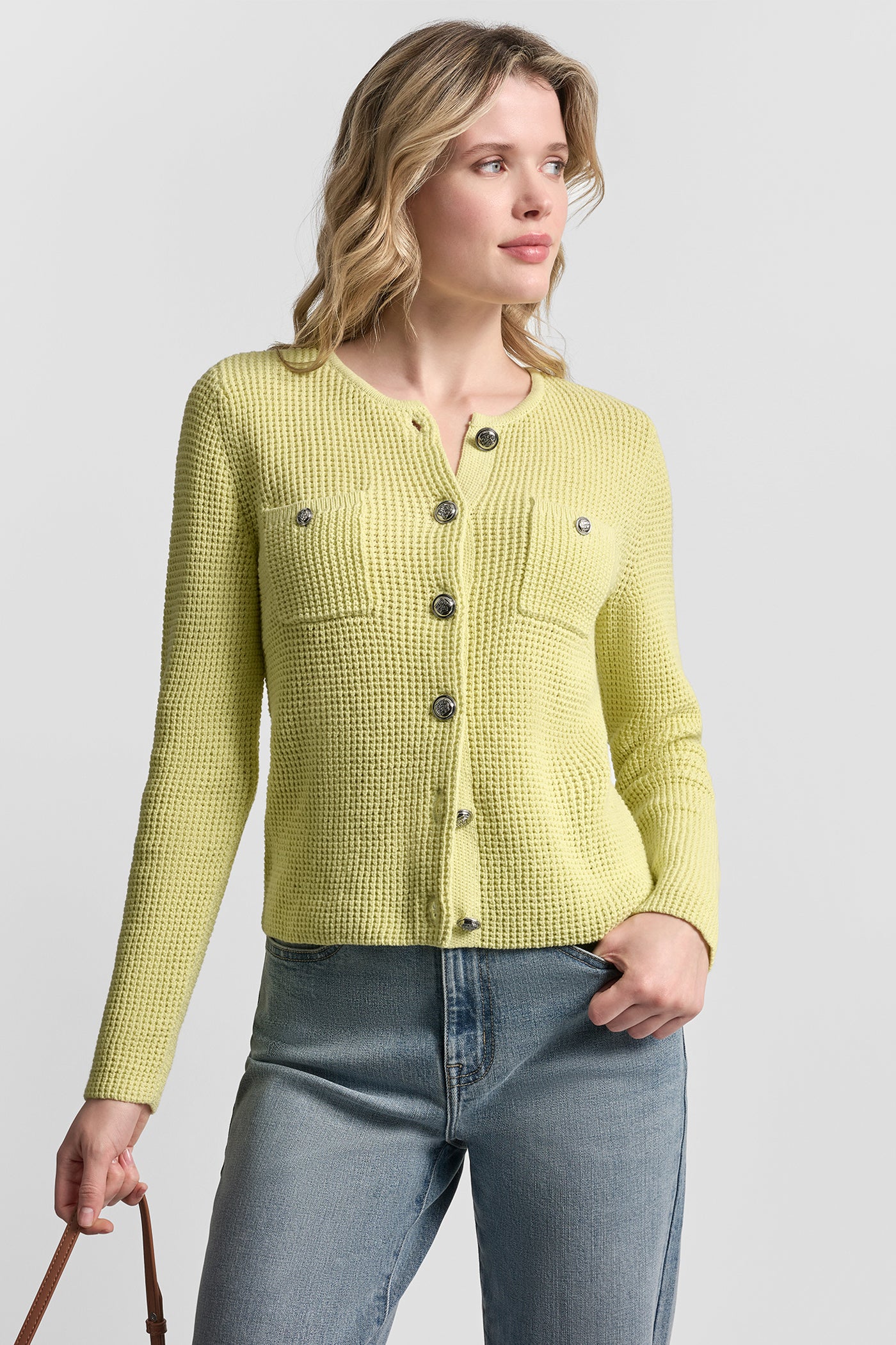 Lemon Light TUCK STITCH CREW NECK CARDIGAN, VIEW 1 | DKNY JEANS