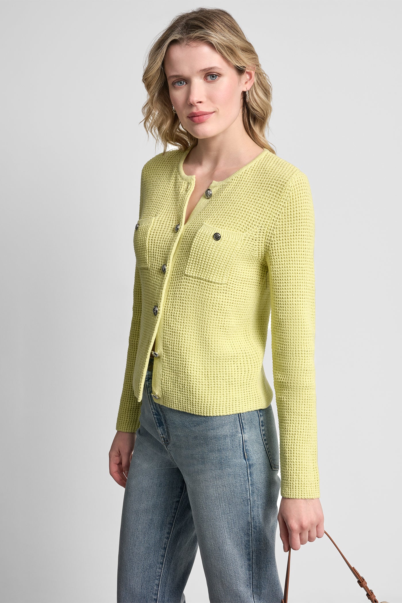 TUCK STITCH CREW NECK CARDIGAN VIEW 3 | DKNY JEANS