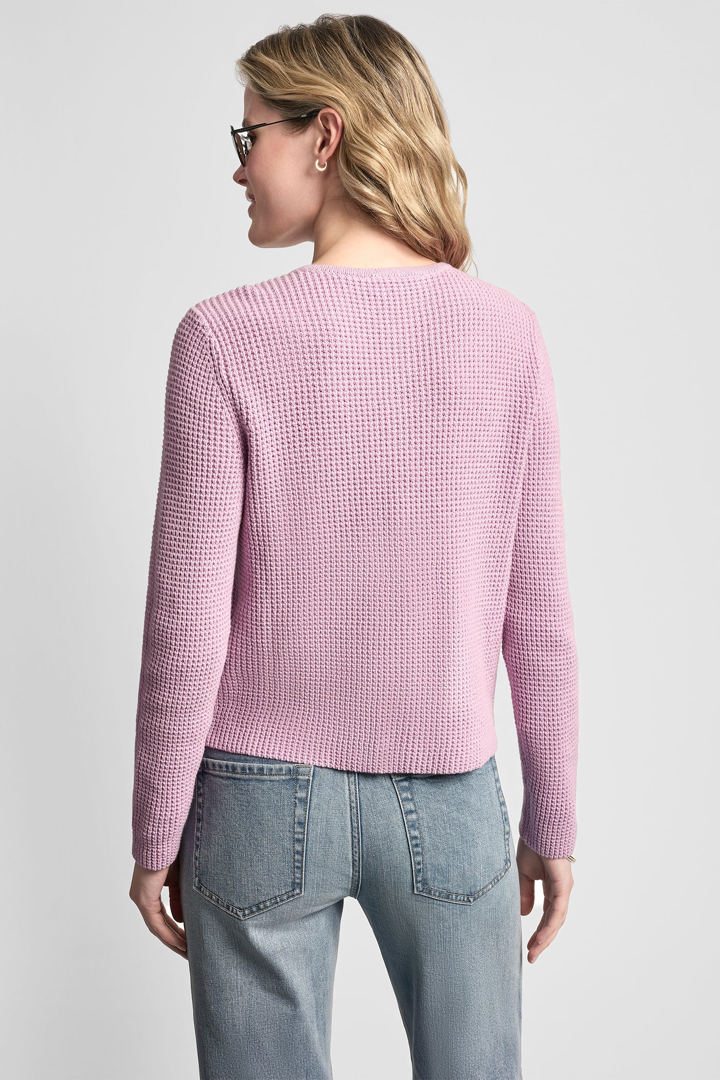 Pink/Lavender TUCK STITCH CREW NECK CARDIGAN, VIEW 2 | DKNY JEANS