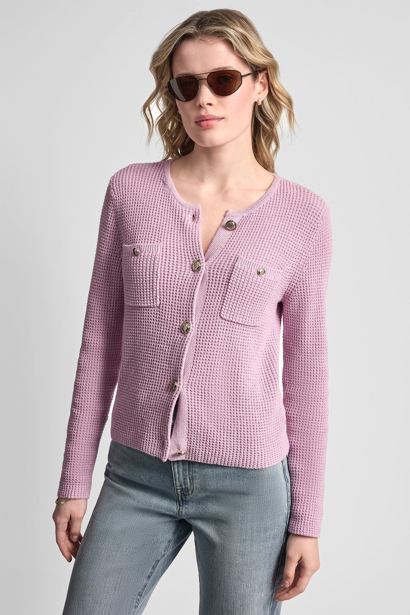 Pink/Lavender TUCK STITCH CREW NECK CARDIGAN, VIEW 1 | DKNY JEANS