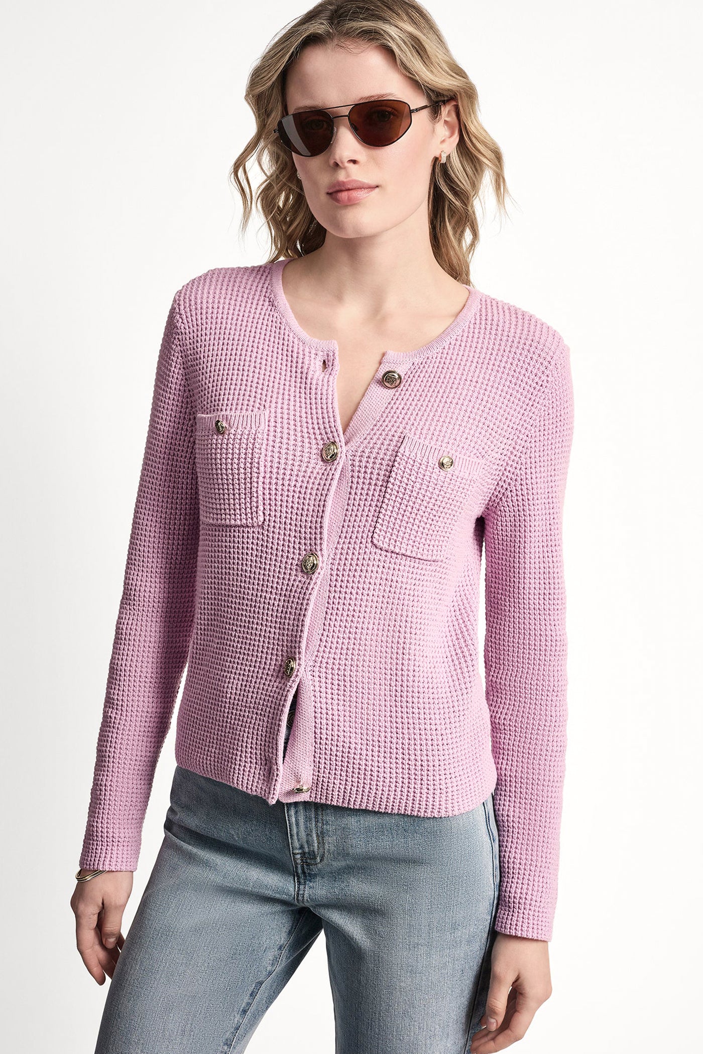 Pink/Lavender TUCK STITCH CREW NECK CARDIGAN, VIEW 1 | WOMEN'S SWEATERS & TOPS