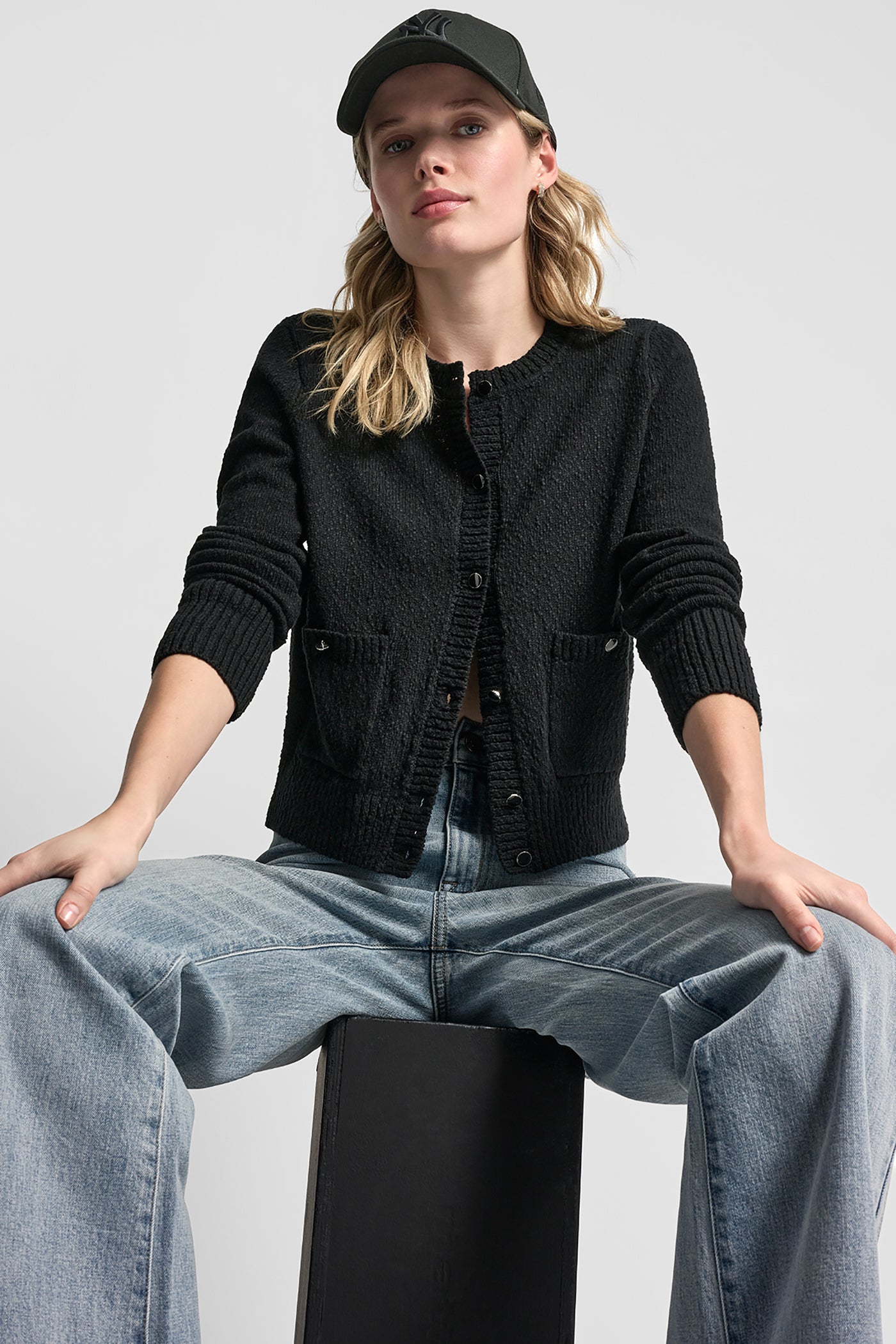 Black CREW NECK CARDIGAN WITH PATCH POCKETS, VIEW 1 | Clothing