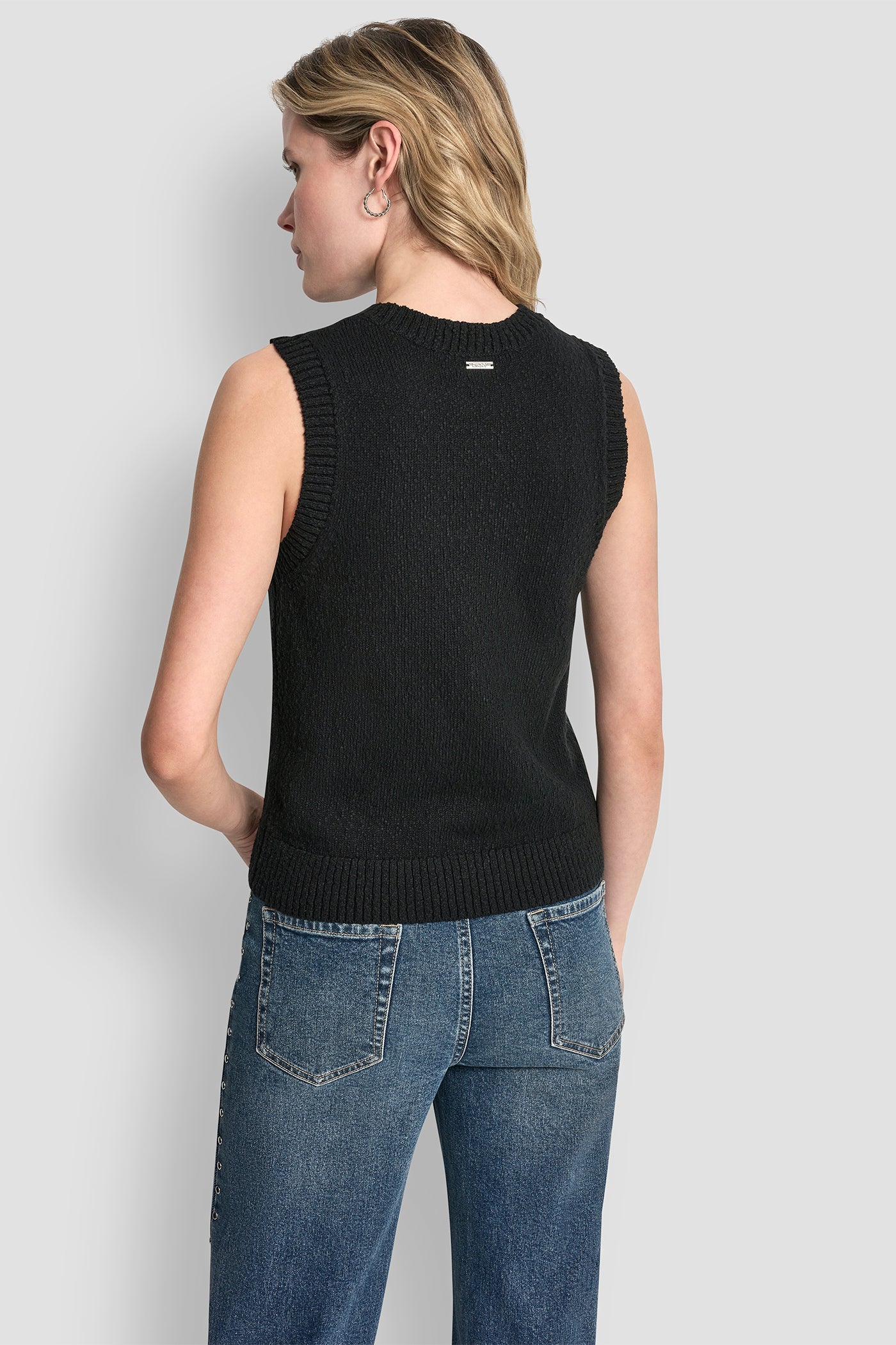 Black CREW NECK SLEEVELESS SWEATER, BACK VIEW | Clothing