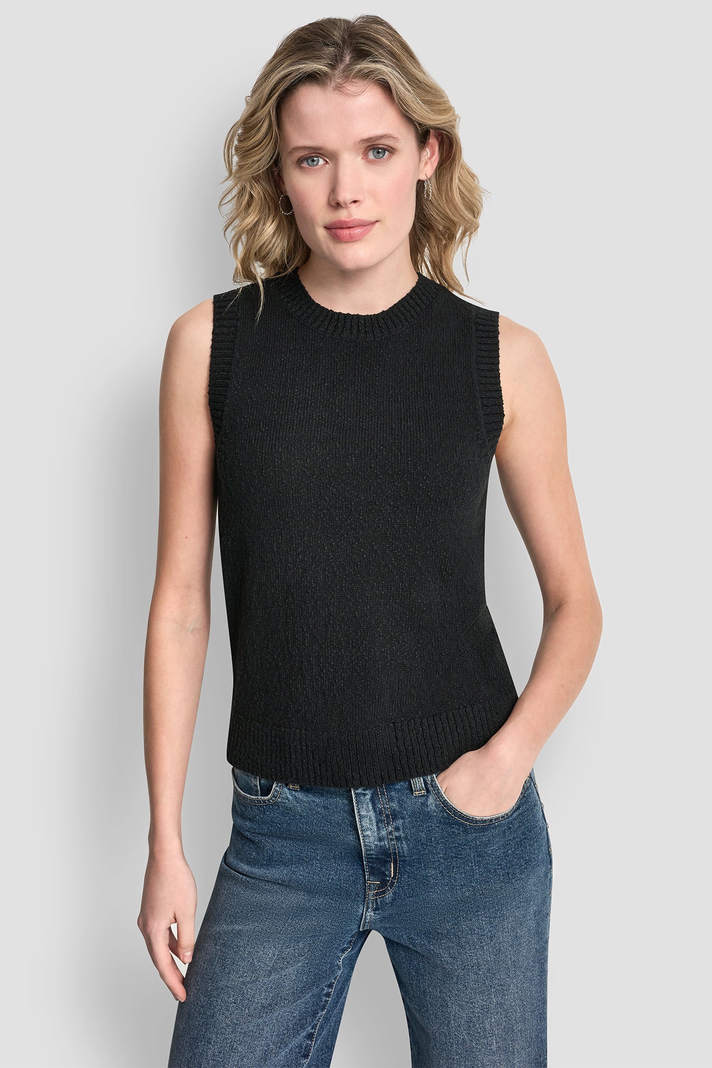 Black CREW NECK SLEEVELESS SWEATER, FRONT VIEW | Clothing