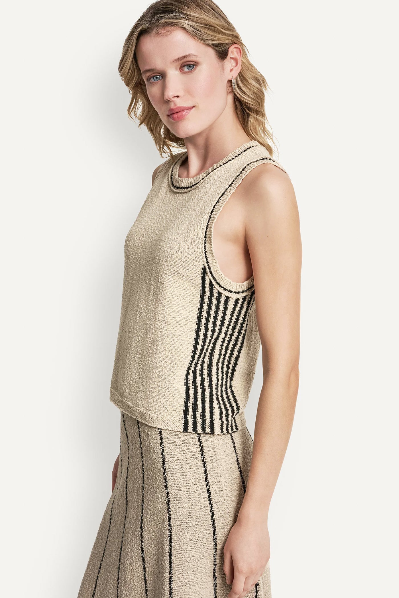 Pebble/Black SLEEVELESS SWEATER WITH STRIPED DETAIL, FRONT VIEW | WOMEN'S SWEATERS & TOPS