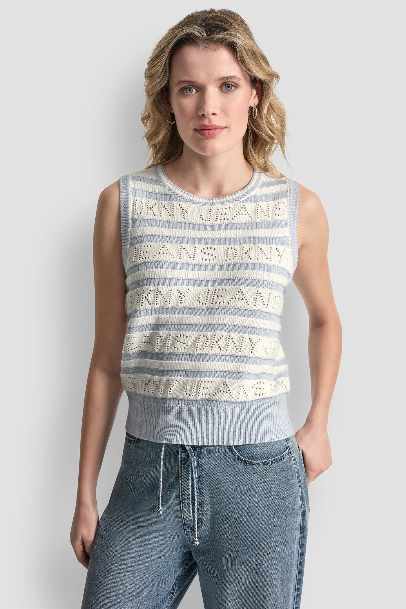 Ivory/Frost Blue LOGO POINTELLE STRIPED SWEATER, FRONT VIEW | SPRING 2026