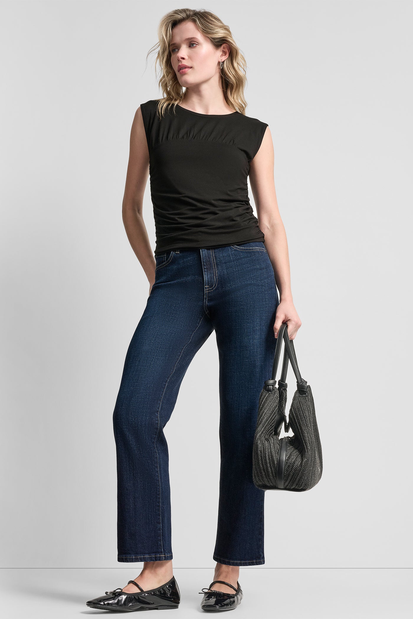 Black RUCHED BODICE SLEEVLESS TOP, VIEW 1 | Clothing