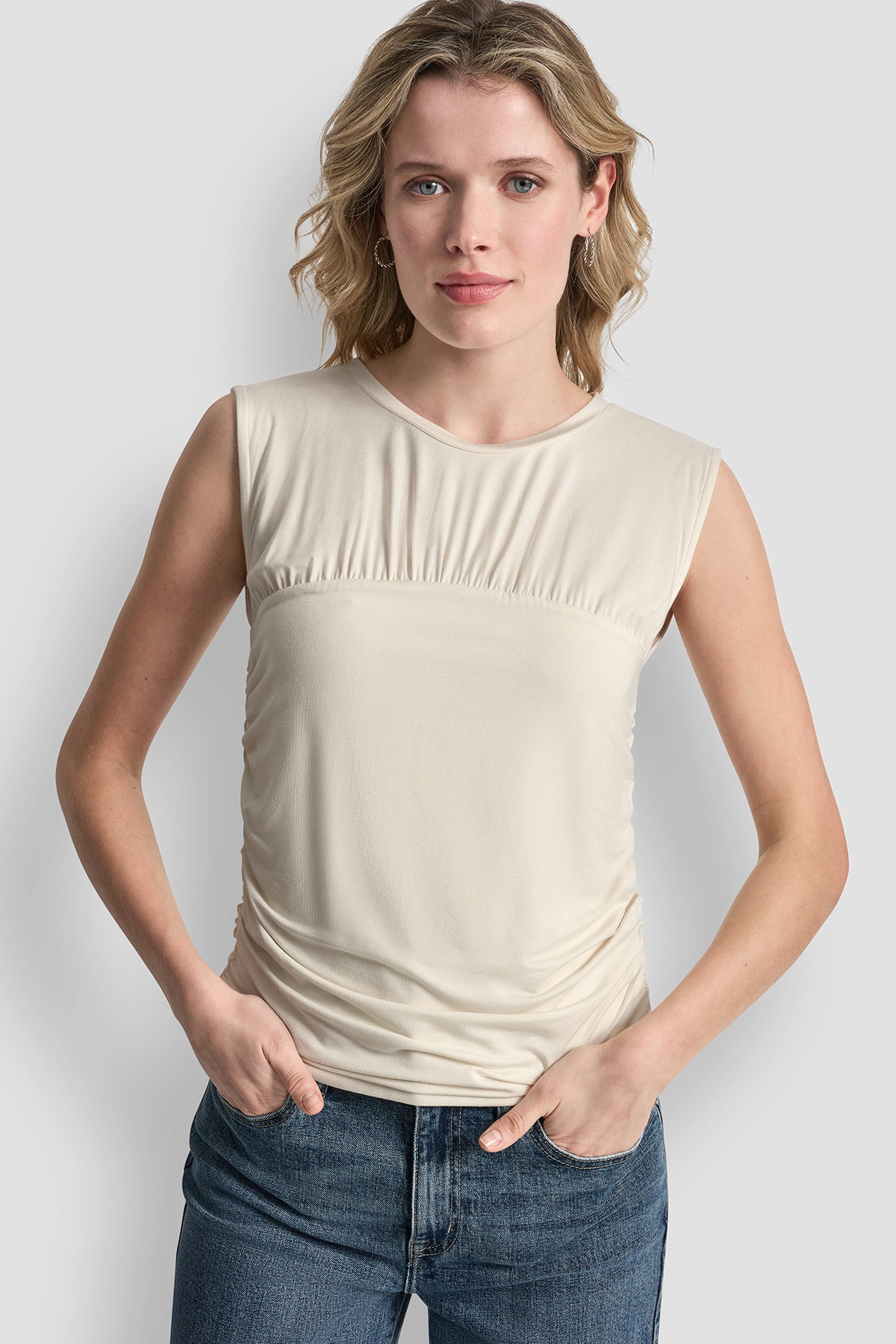 Egg Nog RUCHED BODICE SLEEVELESS TOP, FRONT VIEW | NEW NEUTRALS