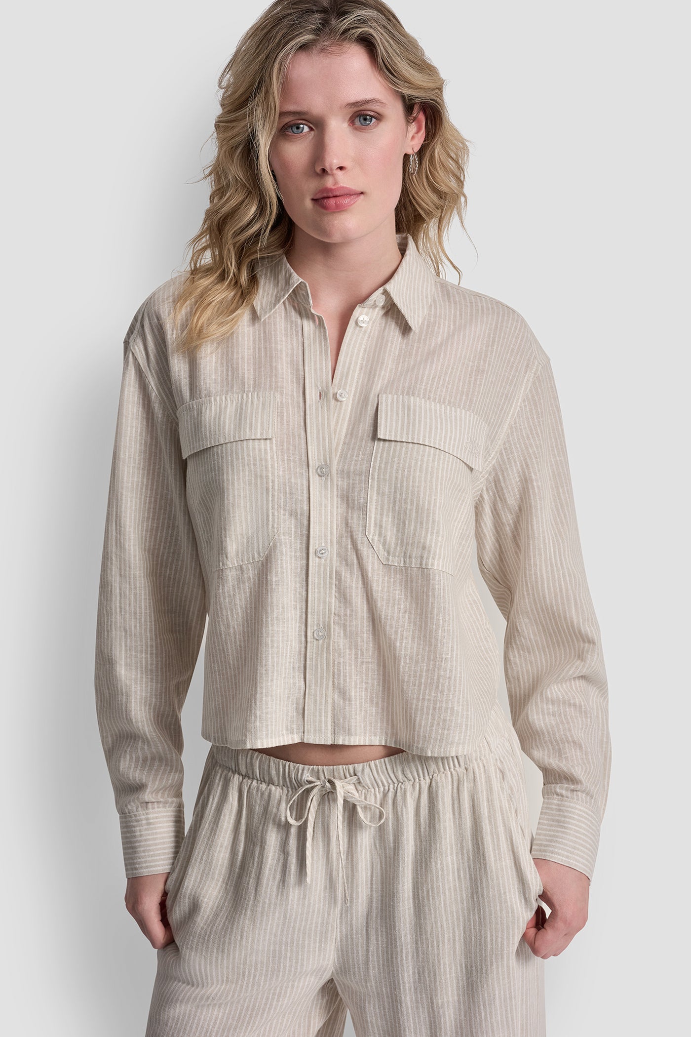 DKNY Women's Linen-Blend Button Front Shirt in Lex Pebble DKNY Women's Linen-Blend Button Front Shirt in Lex Pebble