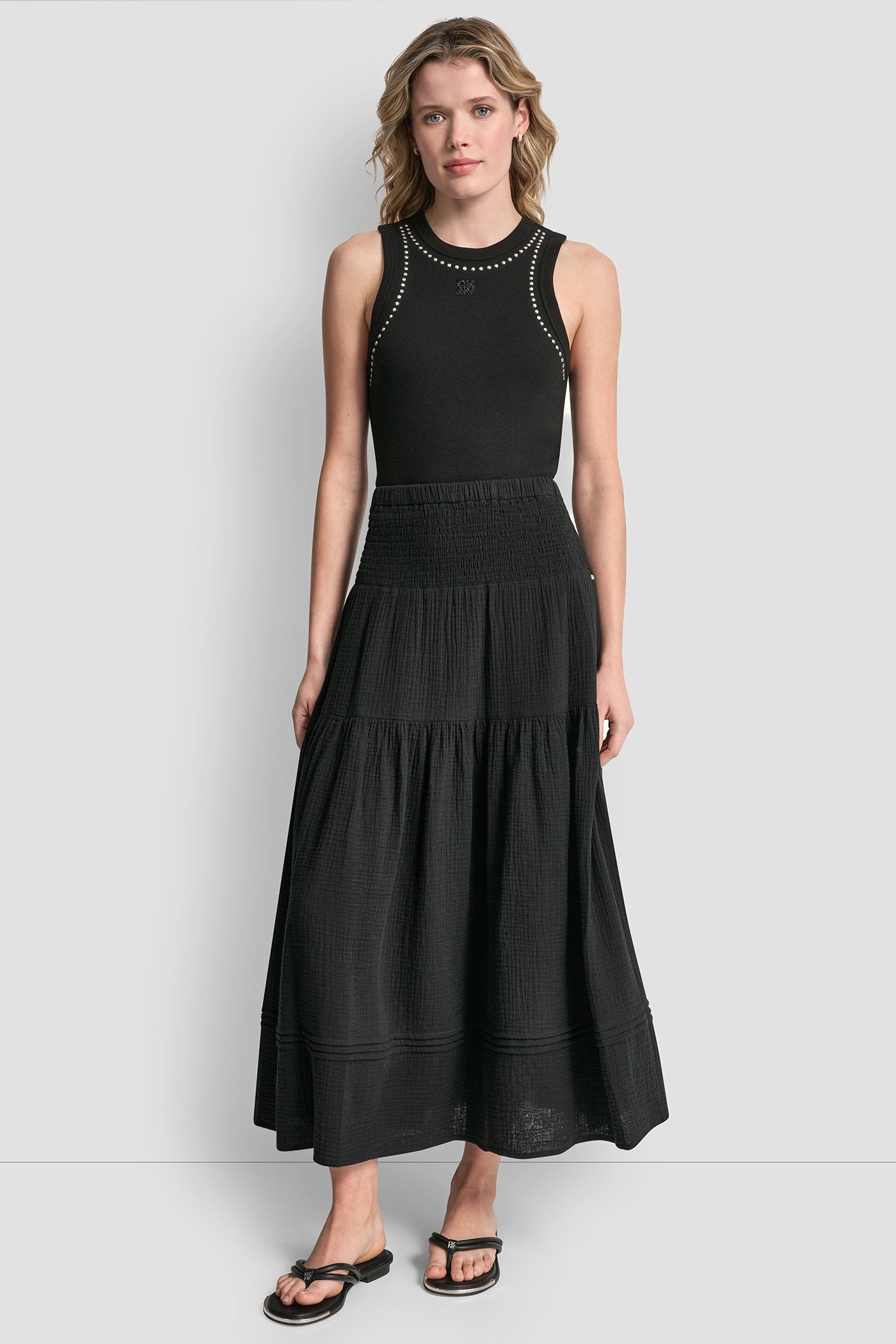 SMOCKED WAIST MAXI TIERED SKIRT VIEW 4 | The Vacation Edit