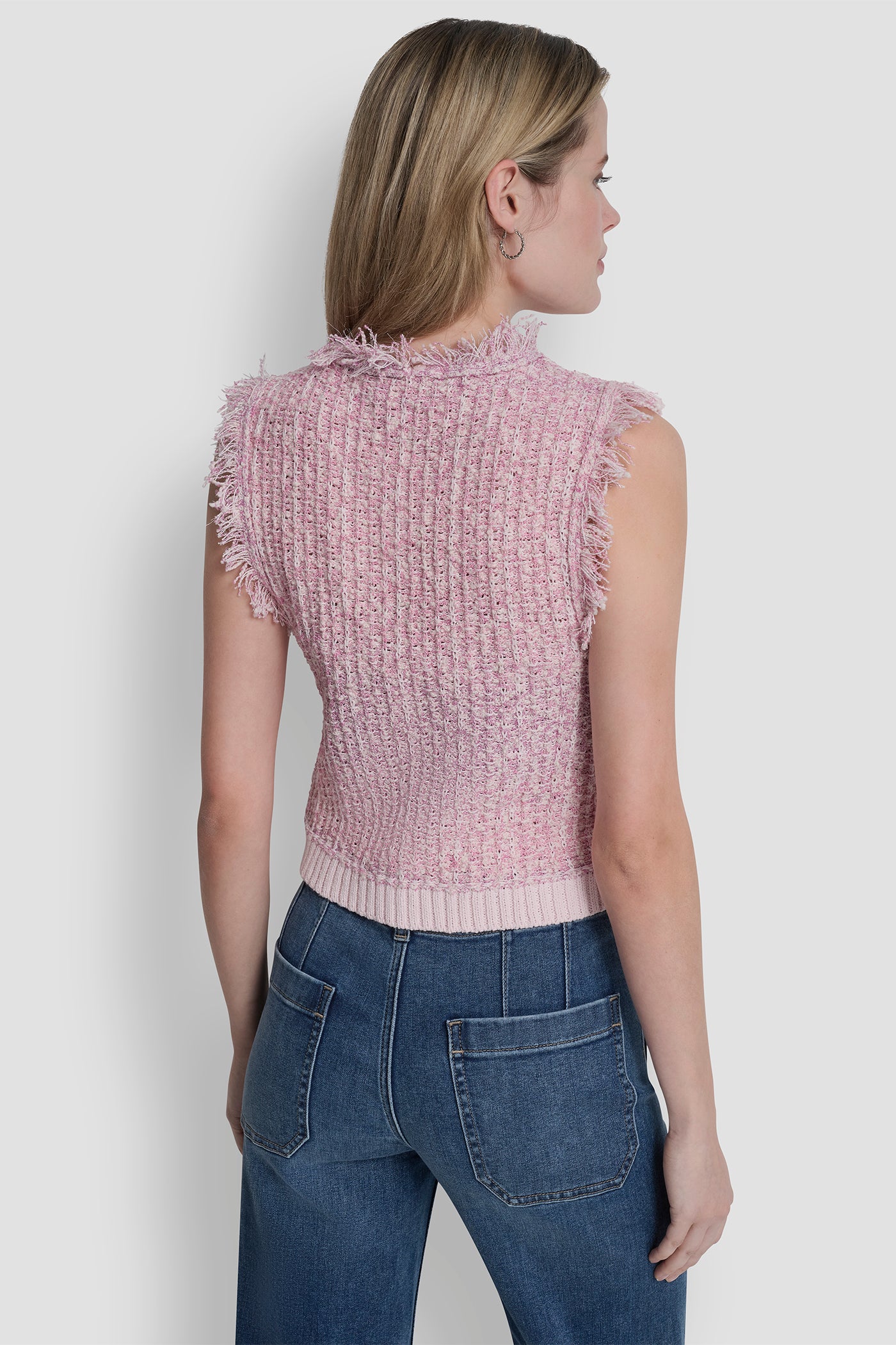 Pink Moon TWEED FRINGE SWEATER WITH LOGO CHARM, VIEW 2 | New Arrivals