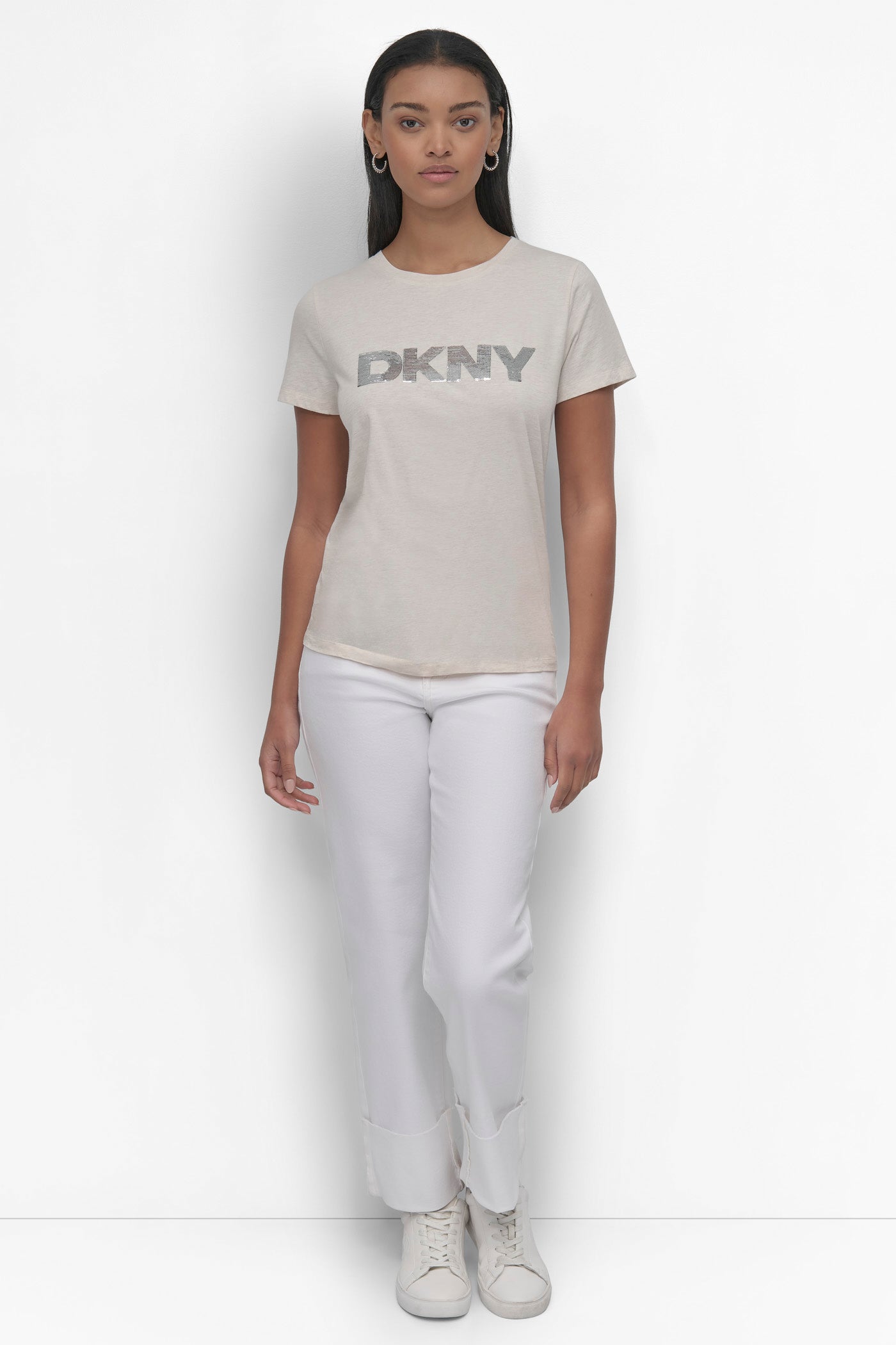 LATTE HEATHER/MATTE SILVER SEQUIN LOGO CREW NECK TEE, BACK VIEW | DKNY JEANS