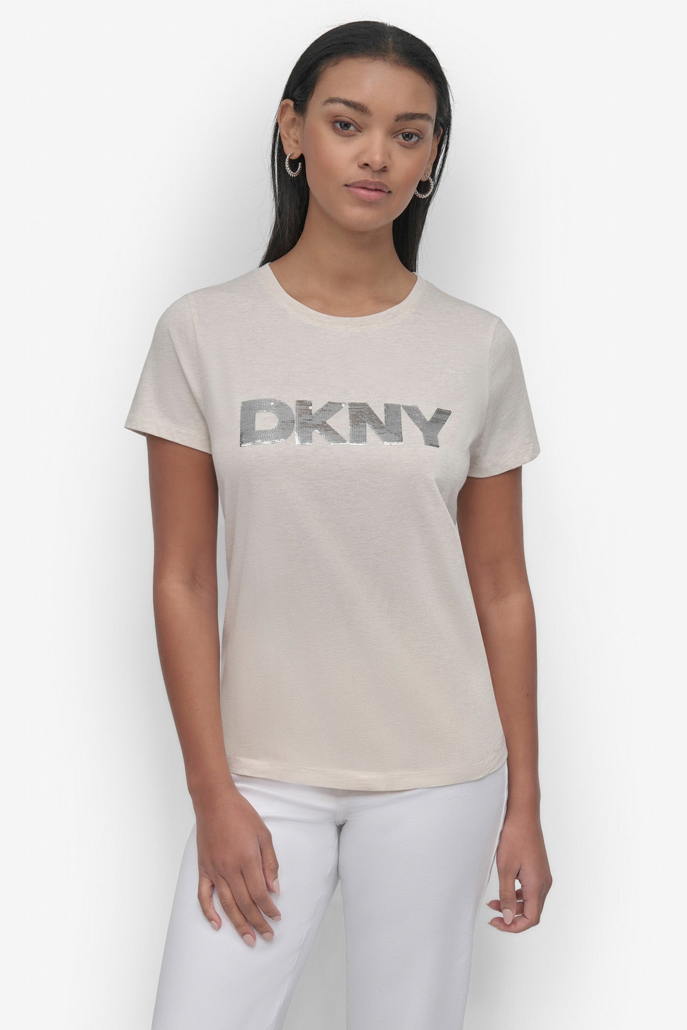 LATTE HEATHER/MATTE SILVER SEQUIN LOGO CREW NECK TEE, FRONT VIEW | DKNY JEANS
