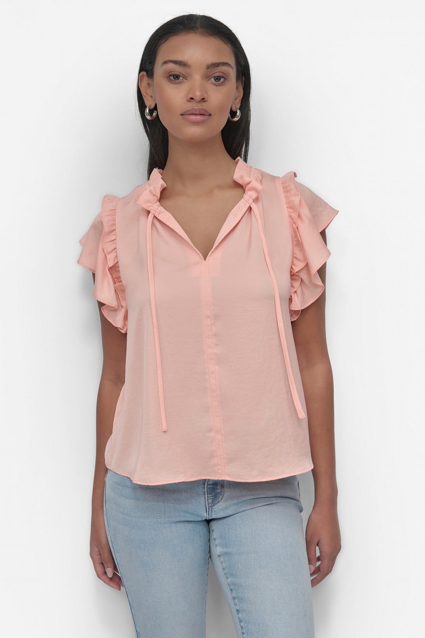 TROPICAL PEACH RUFFLE NECK TOP WITH FLUTTER SLEEVES, FRONT VIEW | DKNY JEANS