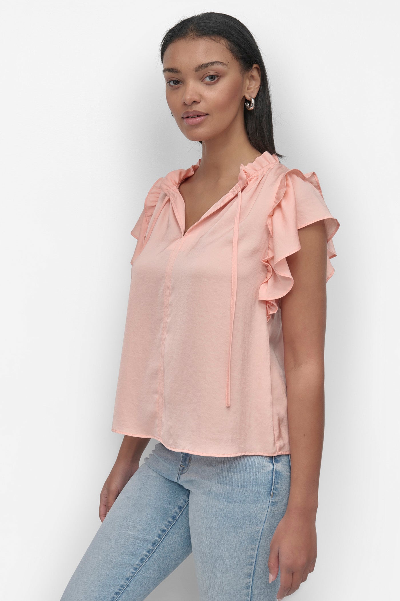 RUFFLE NECK TOP WITH FLUTTER SLEEVES VIEW 3