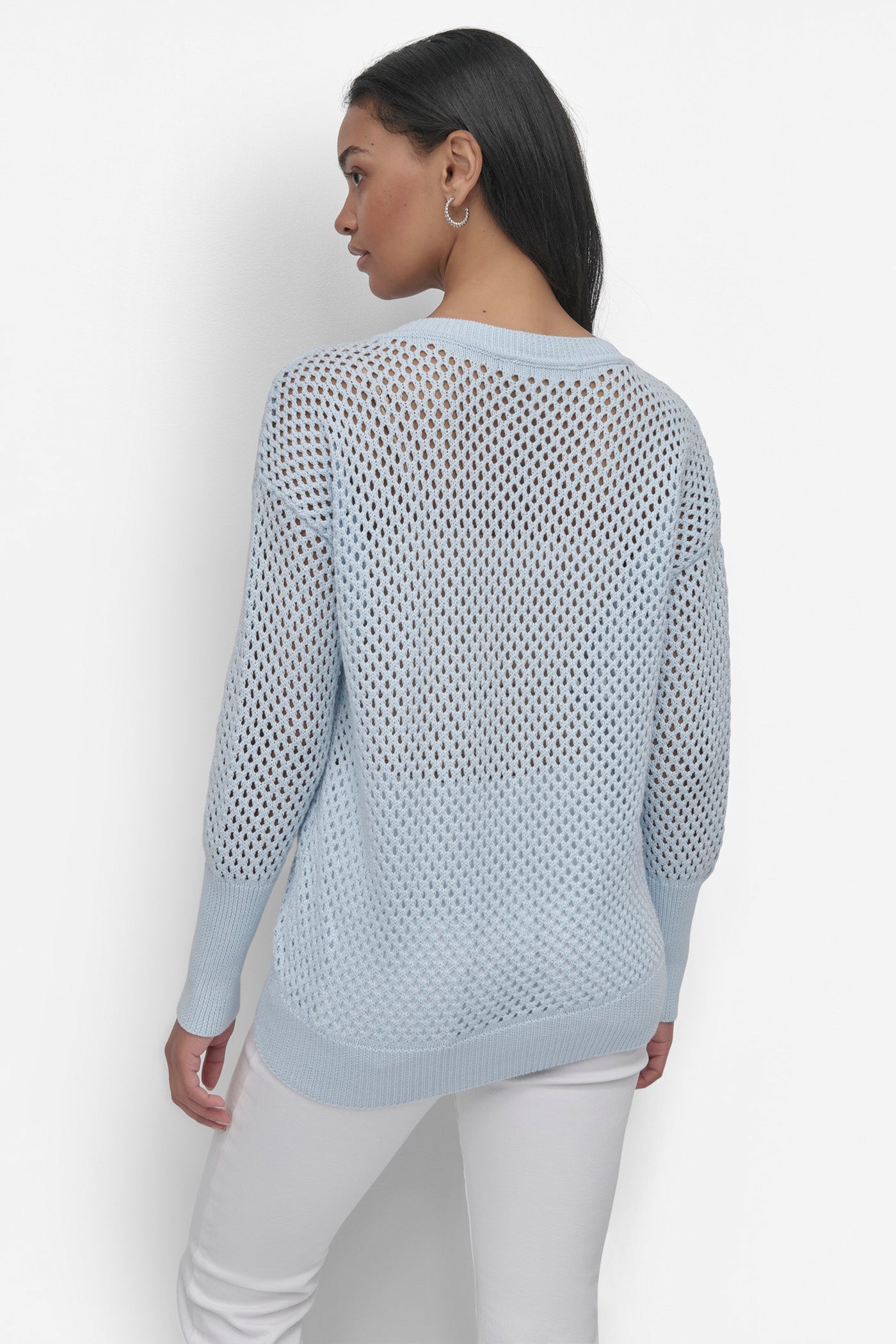 SKYWAY BLUE 3/4 WIDE SLEEVE CREW NECKOPEN POINTELLE STITCH, BACK VIEW | Products