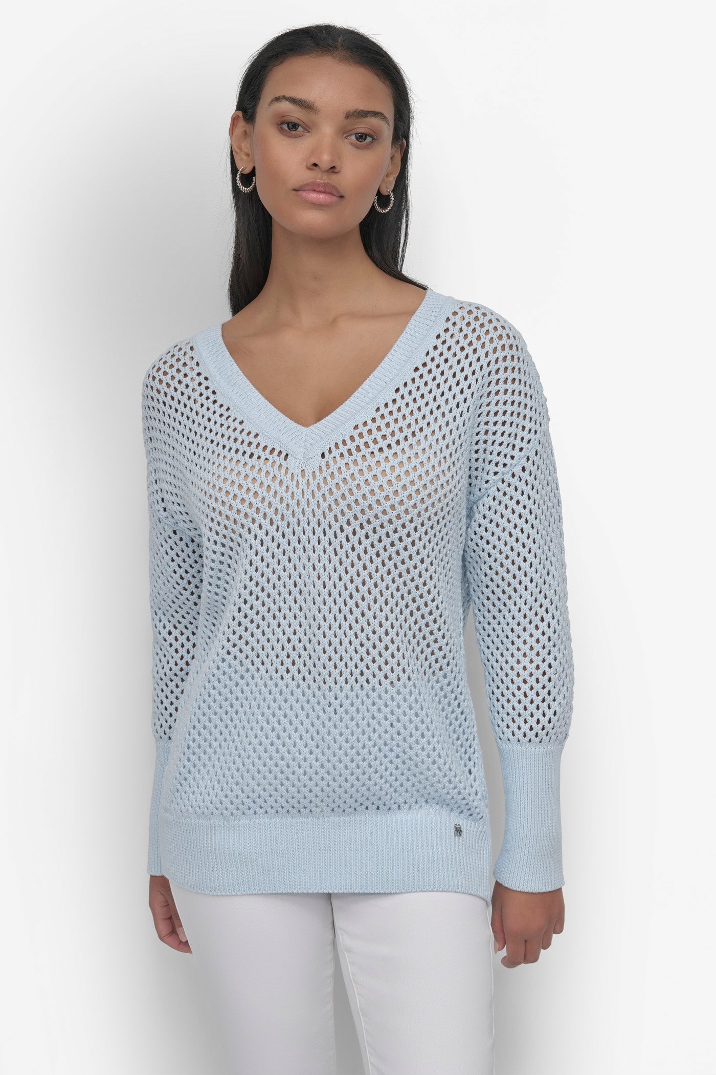 SKYWAY BLUE 3/4 WIDE SLEEVE CREW NECKOPEN POINTELLE STITCH, FRONT VIEW | Products