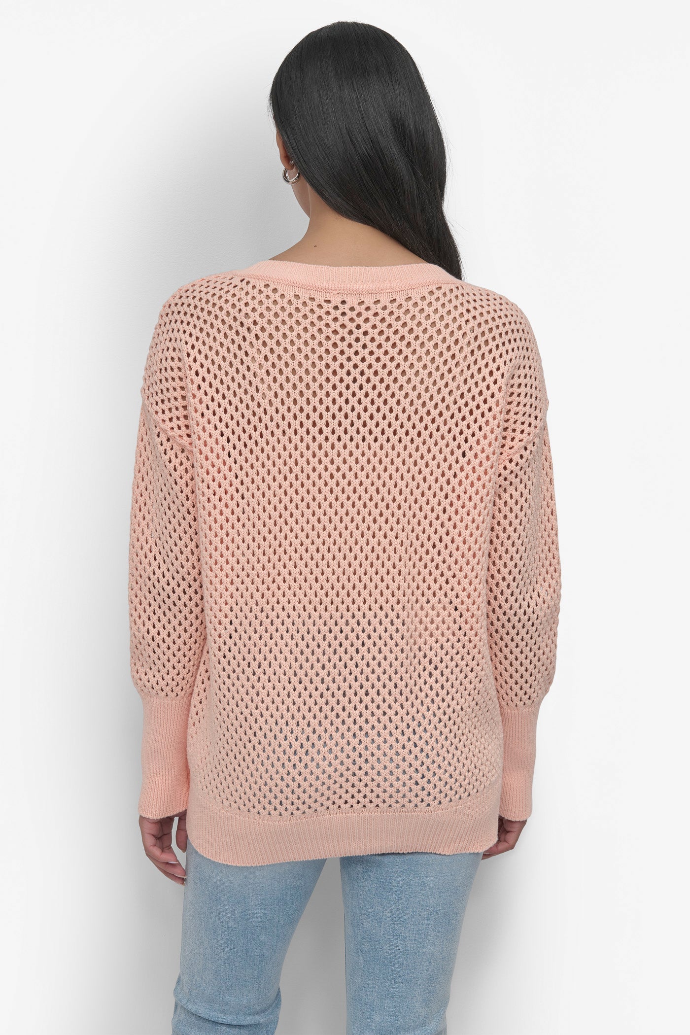TROPICAL PEACH 3/4 WIDE SLEEVE CREW NECKOPEN POINTELLE STITCH, BACK VIEW | Products