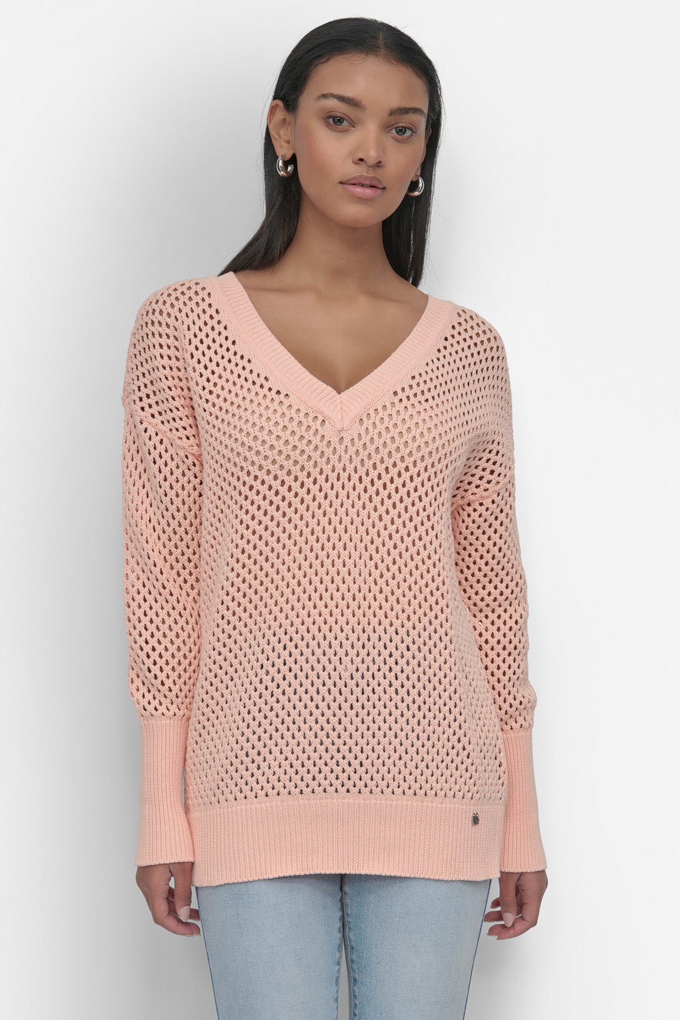 TROPICAL PEACH 3/4 WIDE SLEEVE CREW NECKOPEN POINTELLE STITCH, FRONT VIEW | Products