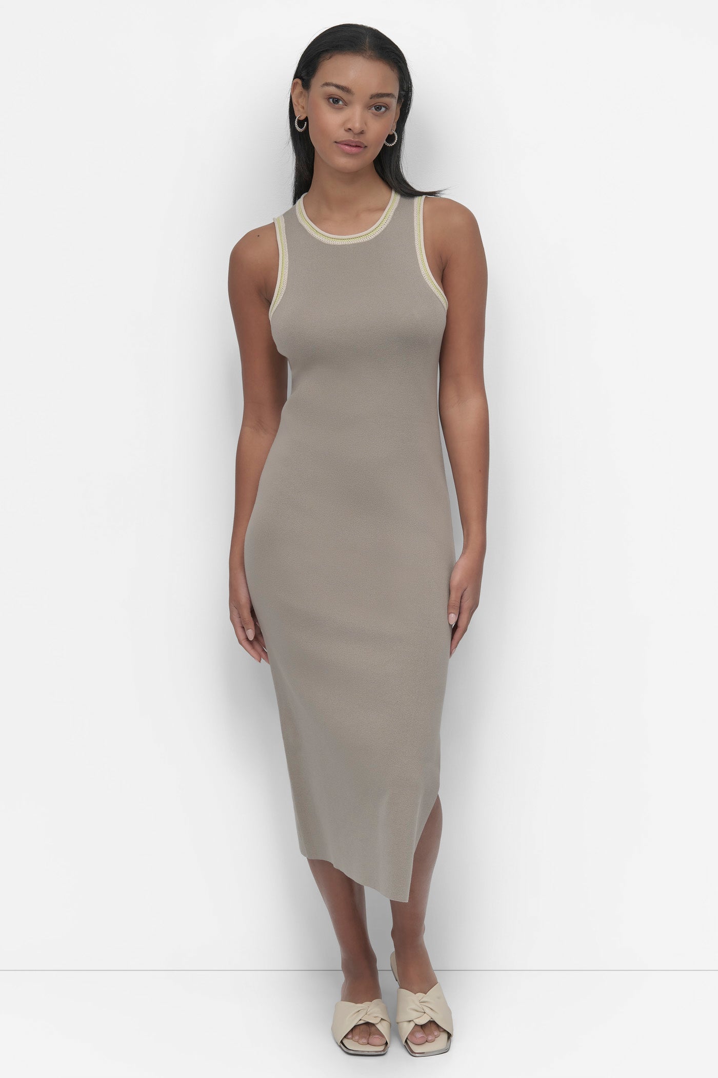 VINTAGE KHAKI COMBO COLOR BLOCK TRIM RACER FRONT MIDI DRESS, FRONT VIEW | Dresses Under $100