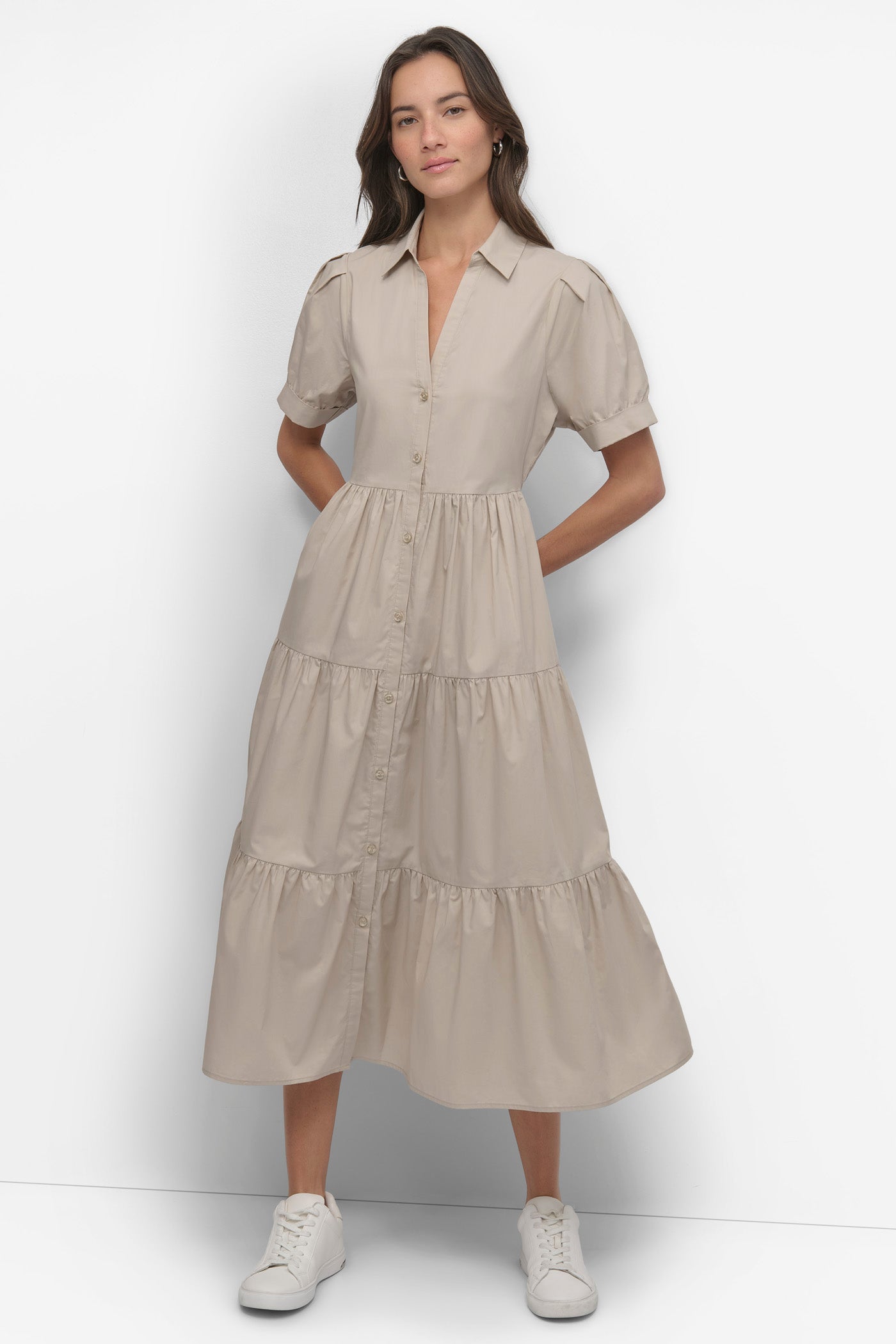 Pebble TIERED MIDI SHIRT DRESS, FRONT VIEW | SALE DRESSES