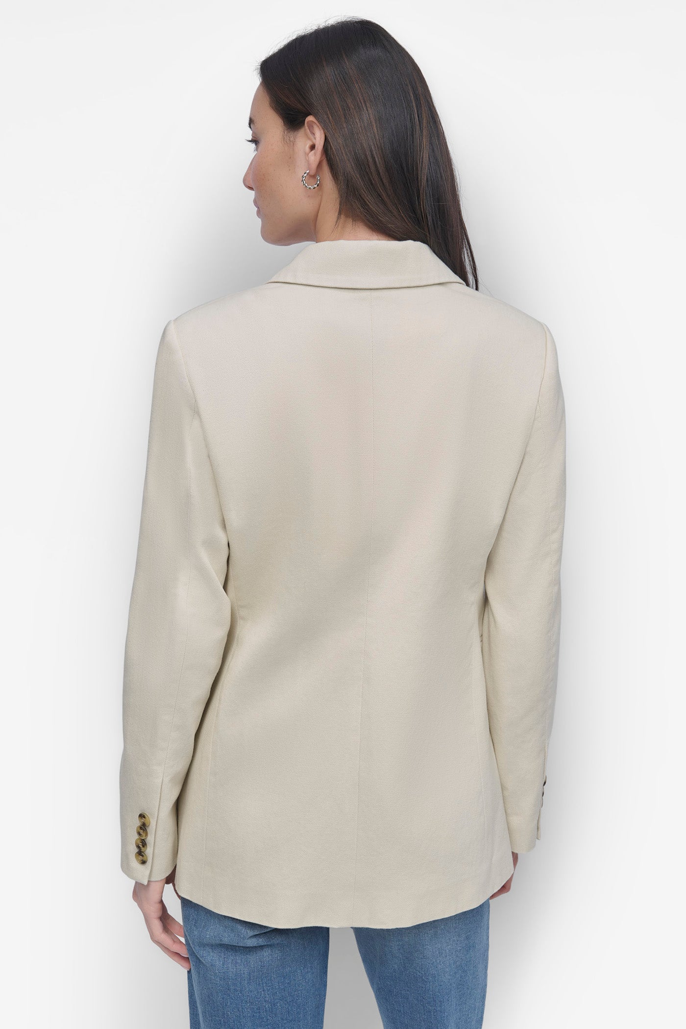 LIGHT CITY KHAKI SINGLE BUTTON BLAZER WITH CUT AWAY HEM, BACK VIEW | Summer Essentials